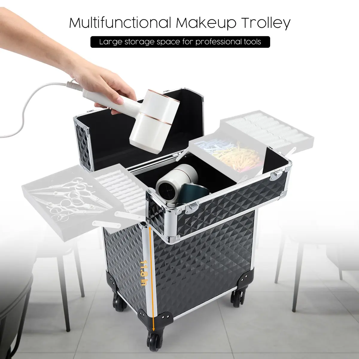Mecucasi Large Cosmetic Trolley Case with Keys | Aluminum Makeup Organizer for Hairstylist & Salon (92.96cm x 34.04cm x 24.13cm) - view 4