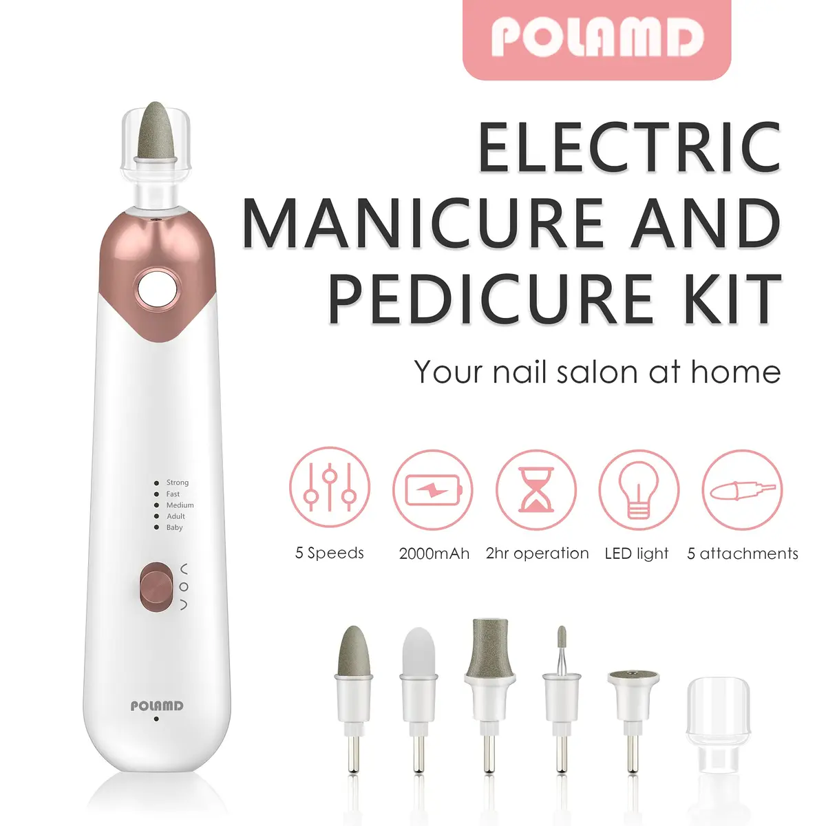 POLAMD Professional Electric Nail Drill Machine White | 5 Speeds Cordless Hand Foot Care Tool - view 2