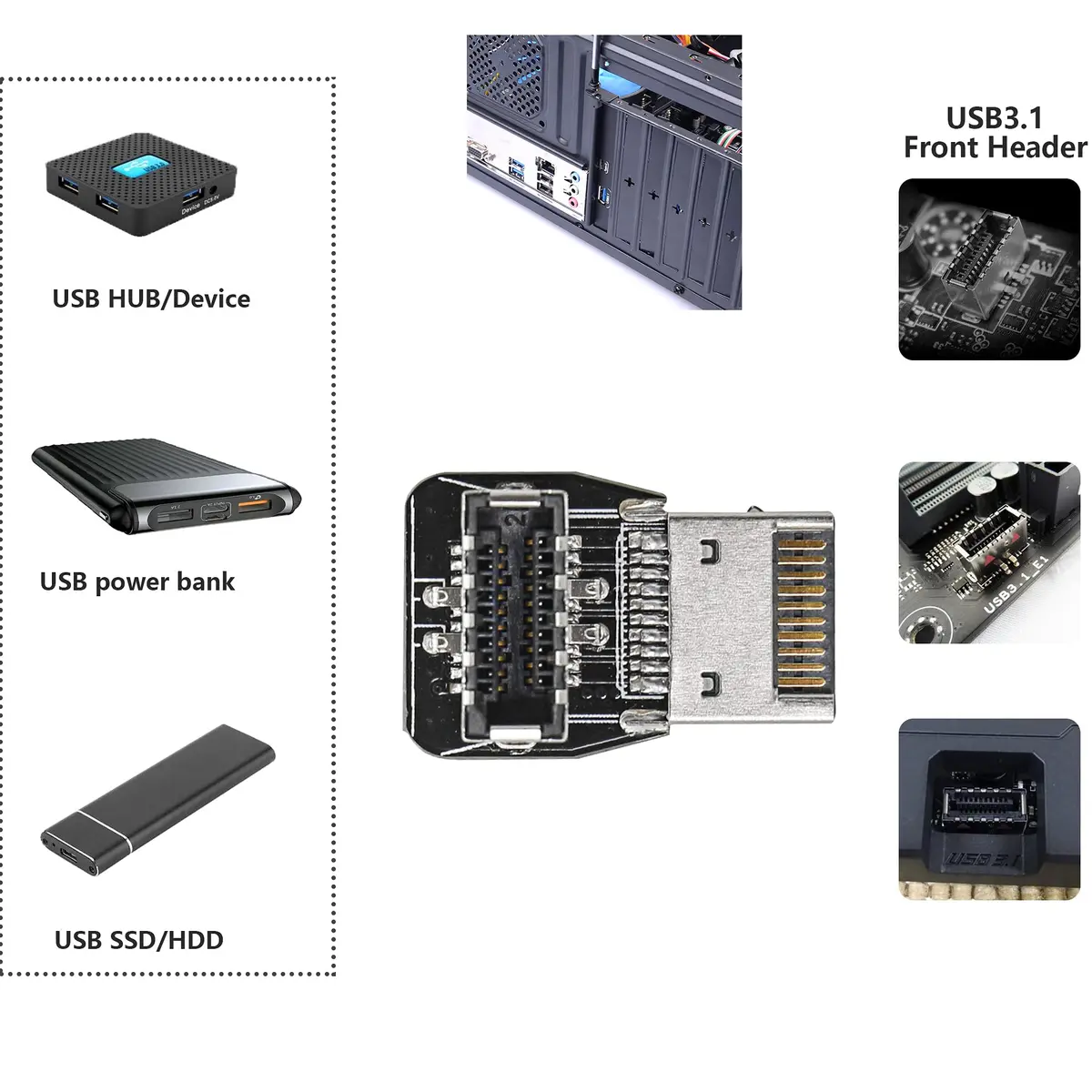 CERRXIAN 90 Degree USB Type E Adapter, Up Angle USB 3.2 Type E Male to Female, High Speed 10Gbps for USB C Header Motherboard (Up/A) - view 5
