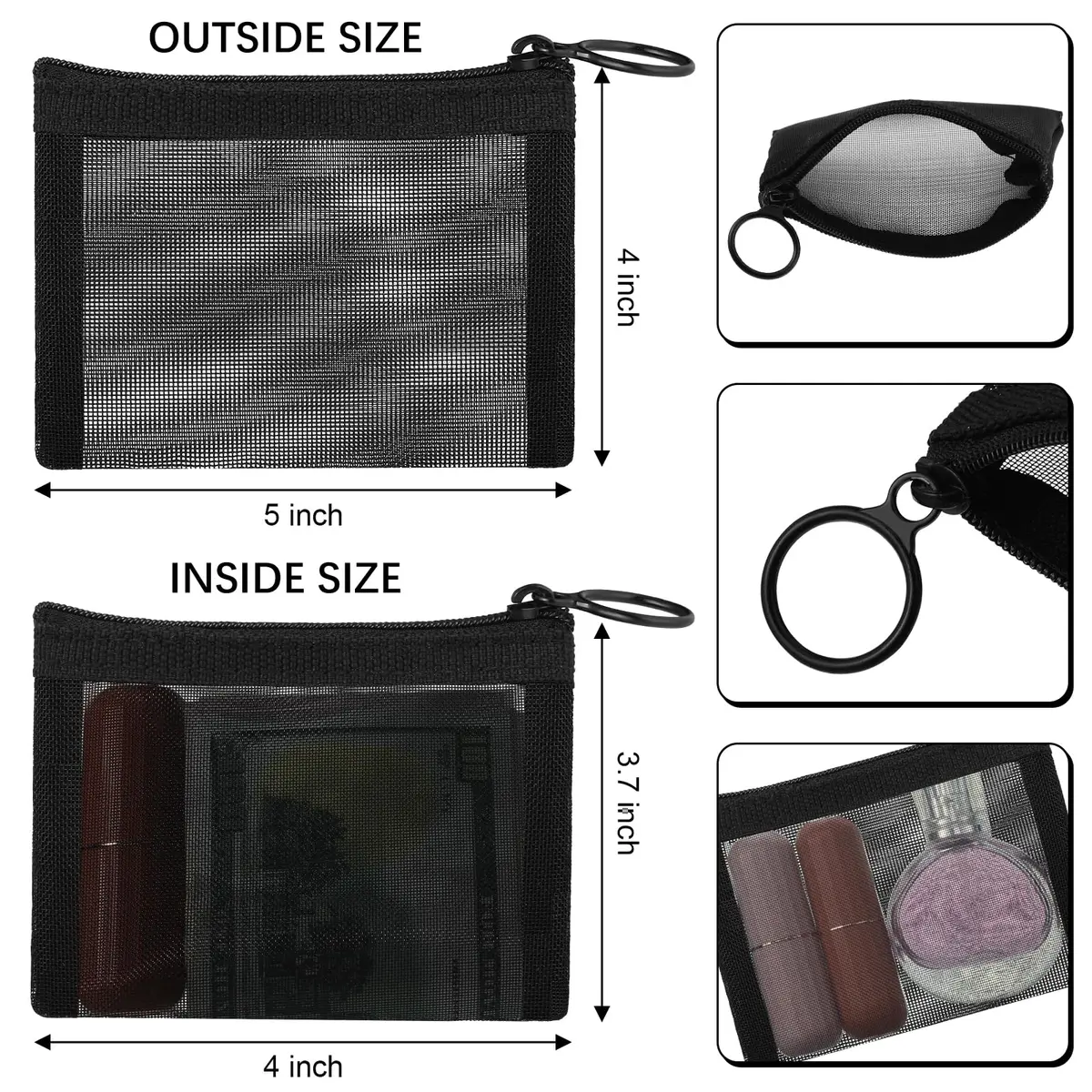Frienda 10 Pcs Small Mesh Bags with Zipper, 12.7cm x 10.16cm (5" x 4") | Reusable Nylon Cosmetic Pouch with Keychain - view 2