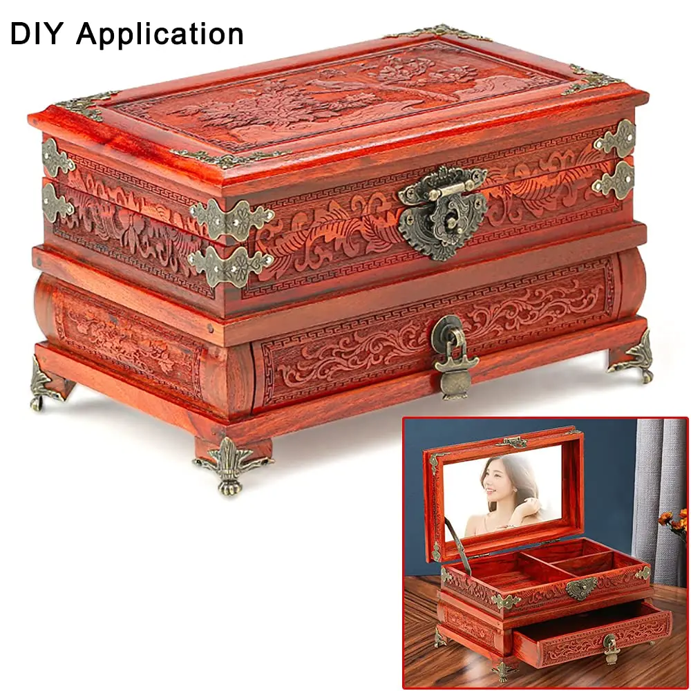 QINIZX Retro Jewelry Box Hardware Set with Hasp Latch, Hinges, and Corner Protectors (Vintage Bronze) - view 6
