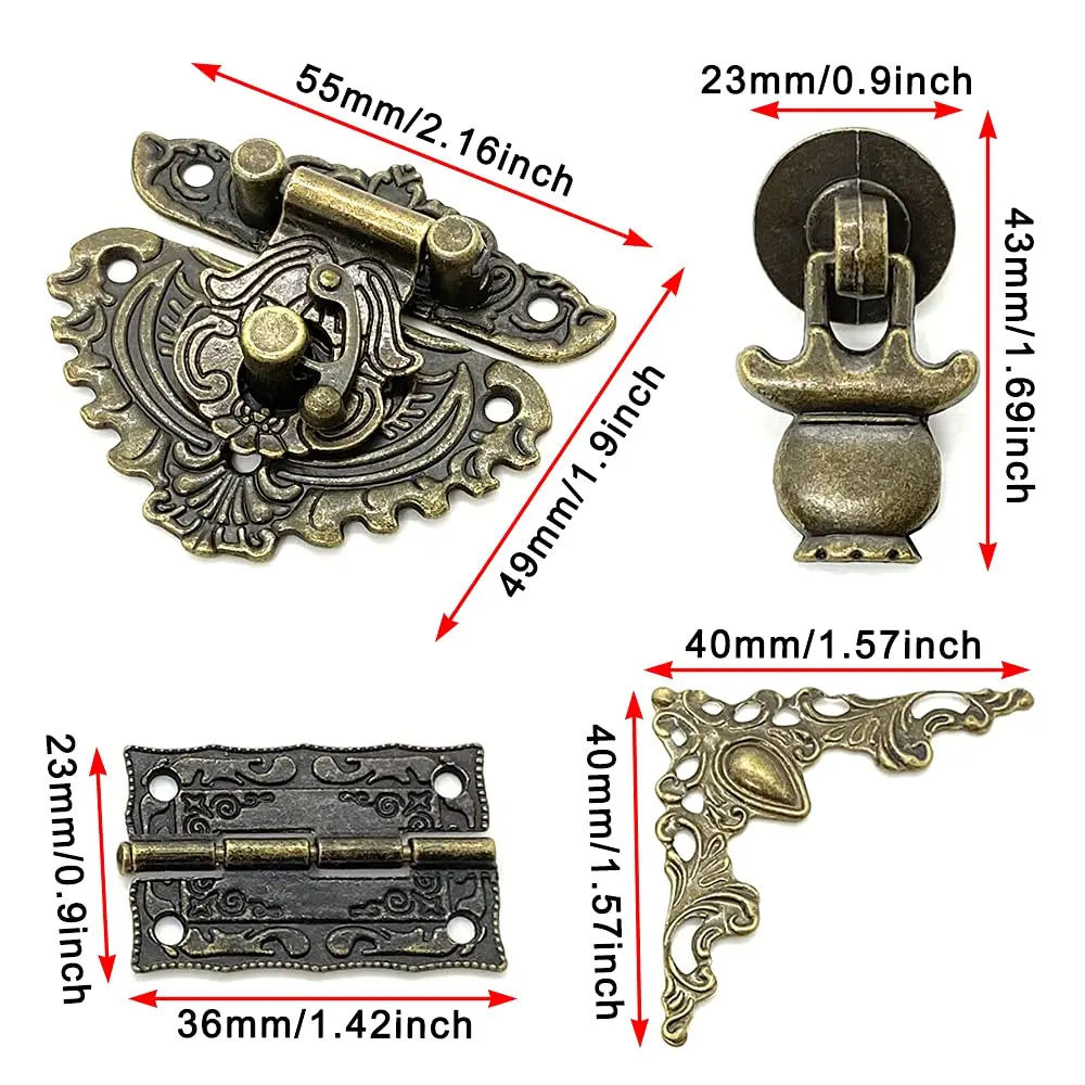 QINIZX Retro Jewelry Box Hardware Set with Hasp Latch, Hinges, and Corner Protectors (Vintage Bronze) - view 2