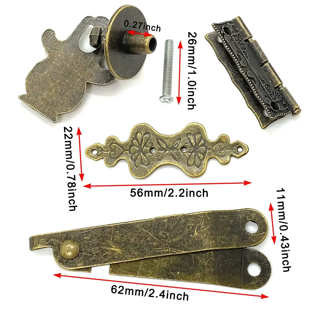 QINIZX Retro Jewelry Box Hardware Set with Hasp Latch, Hinges, and Corner Protectors (Vintage Bronze) - view 3