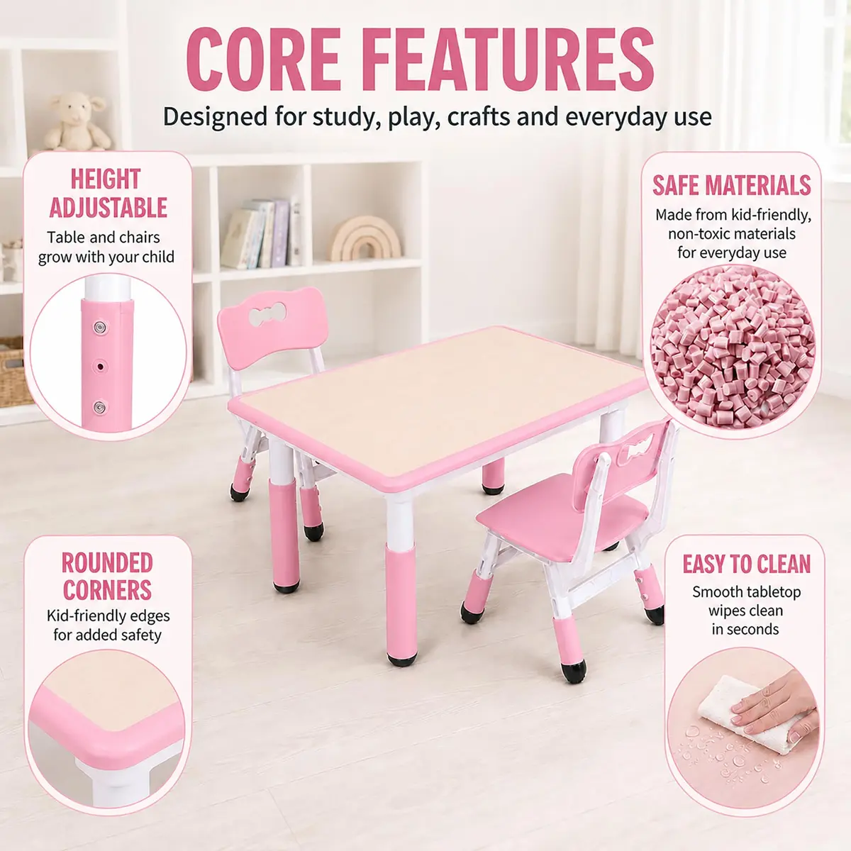 UNICOO Kids Table and Chairs Set, Height Adjustable, Plastic Study Desk for Ages 2-10 | Durable & Easy to Clean - view 6