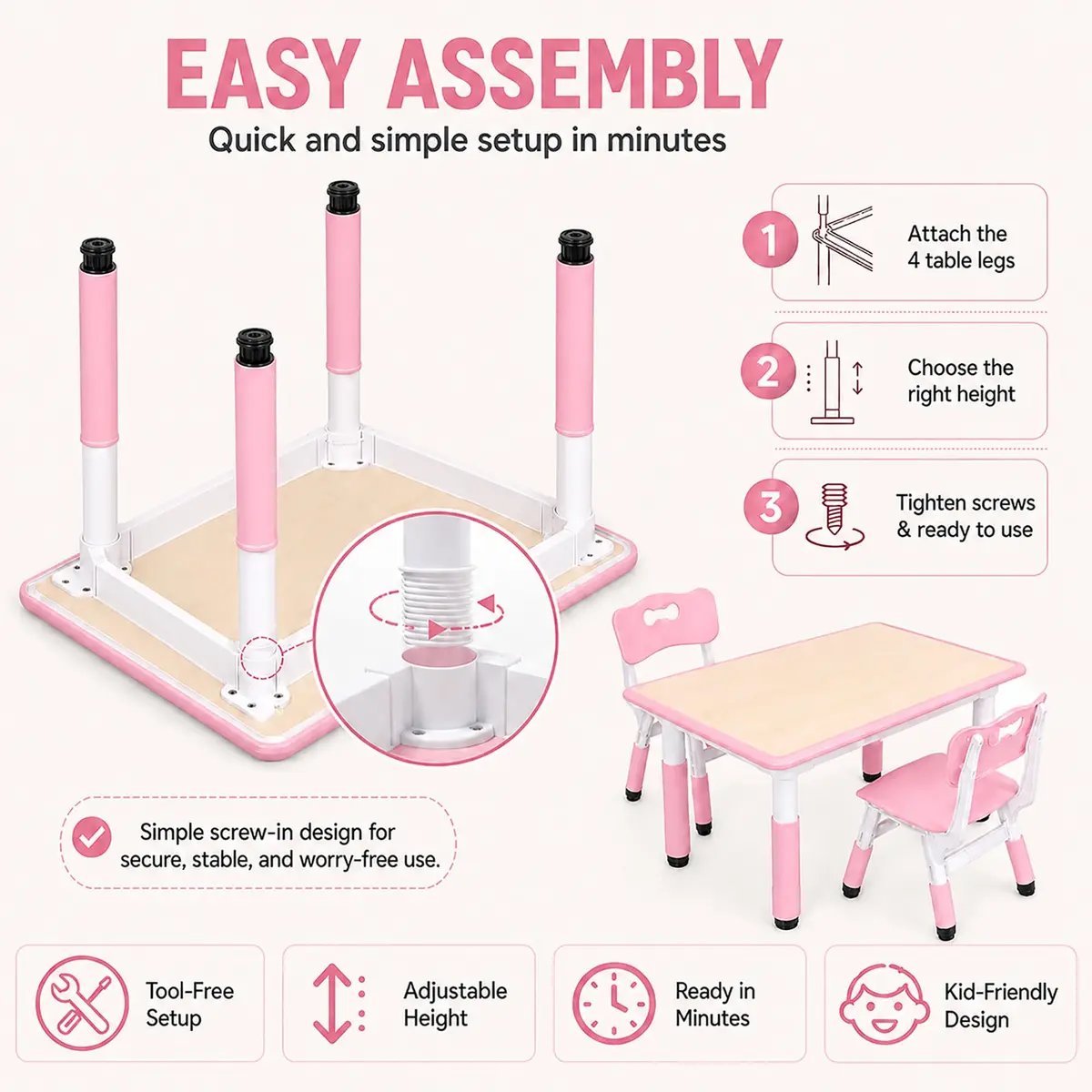 UNICOO Kids Table and Chairs Set, Height Adjustable, Plastic Study Desk for Ages 2-10 | Durable & Easy to Clean - view 7
