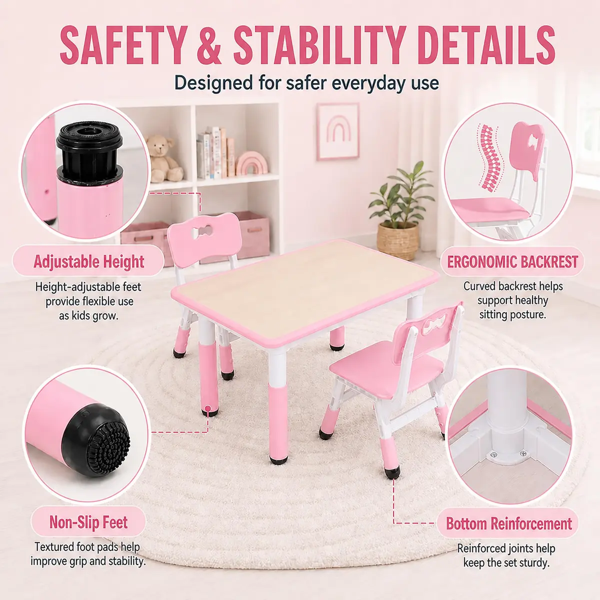 UNICOO Kids Table and Chairs Set, Height Adjustable, Plastic Study Desk for Ages 2-10 | Durable & Easy to Clean - view 4