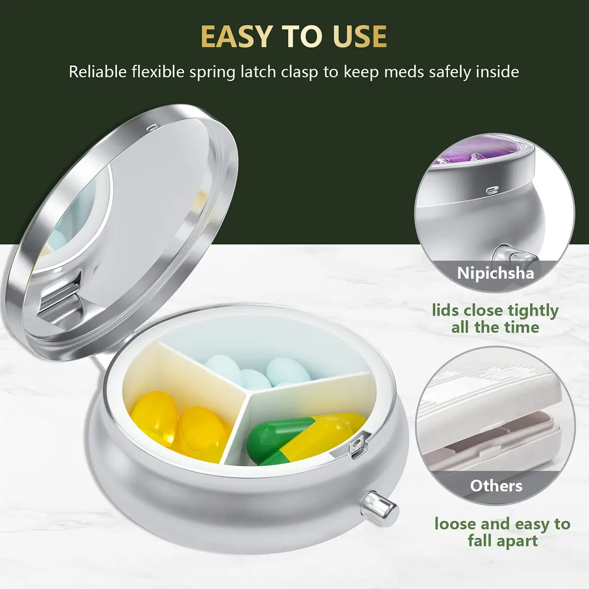 Nipichsha Personal Pill Dispenser Small Portable Medicine Organizer 1 Count (Pack of 1) | Compact & Durable - view 6