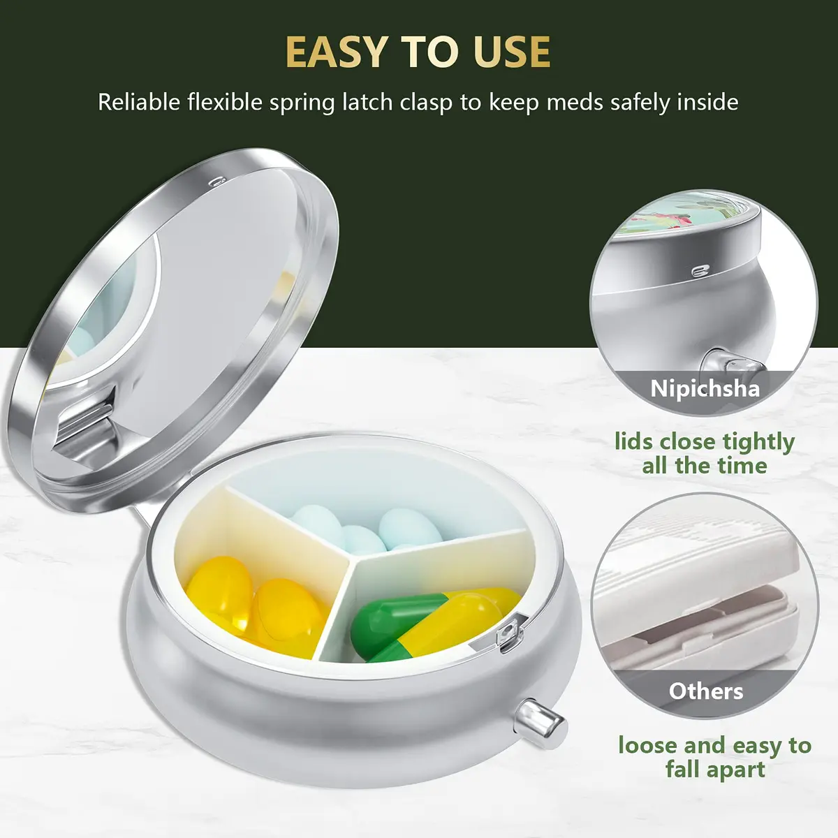 Nipichsha Pill Box Small Portable Medicine Organizer Graceful Peony | Compact, Sturdy & Stylish - view 6