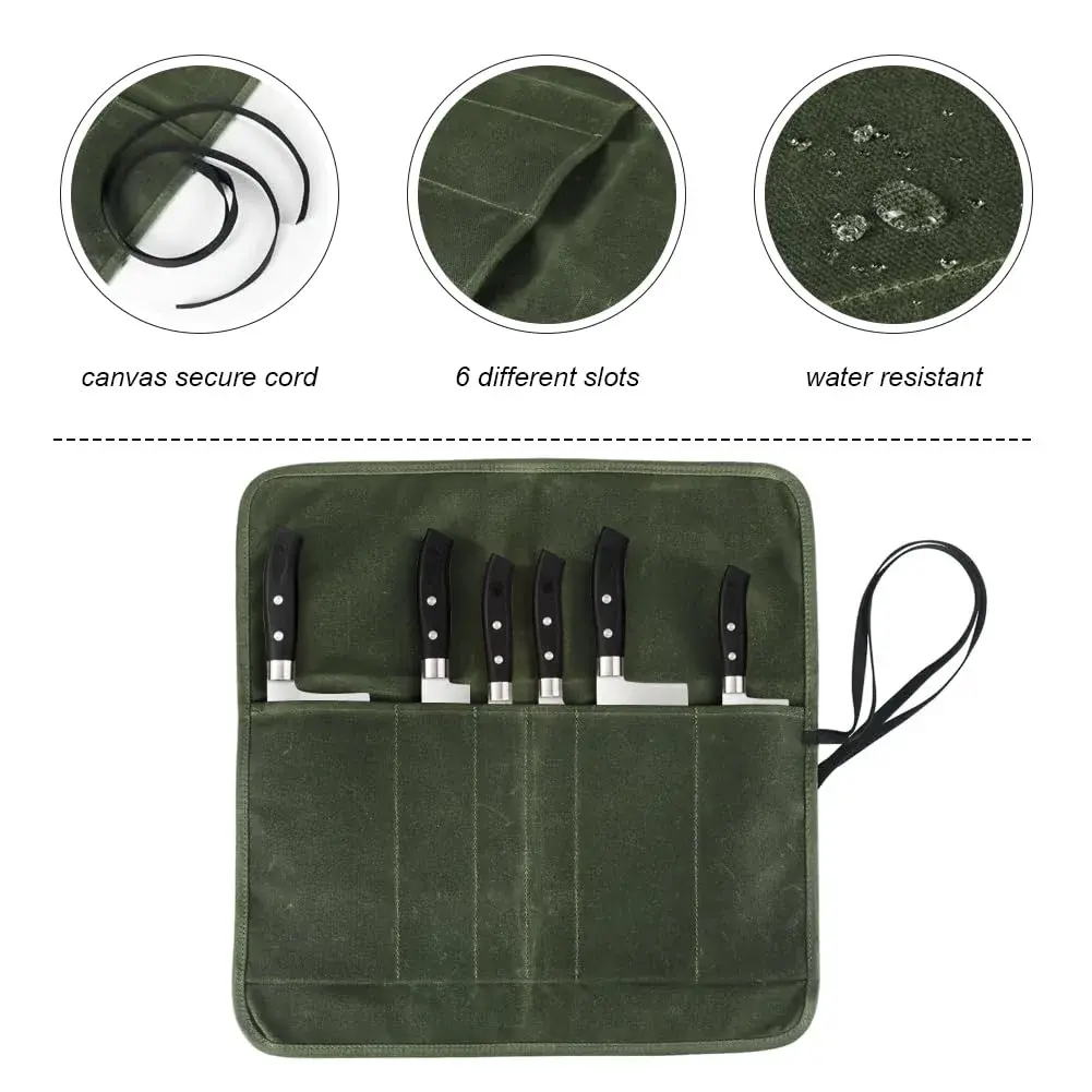 JOINDO Waxed Canvas Chef Knife Roll Bag with 6 Slots (Green) | Heavy Duty Kitchen Knife Pouch Holder - view 4