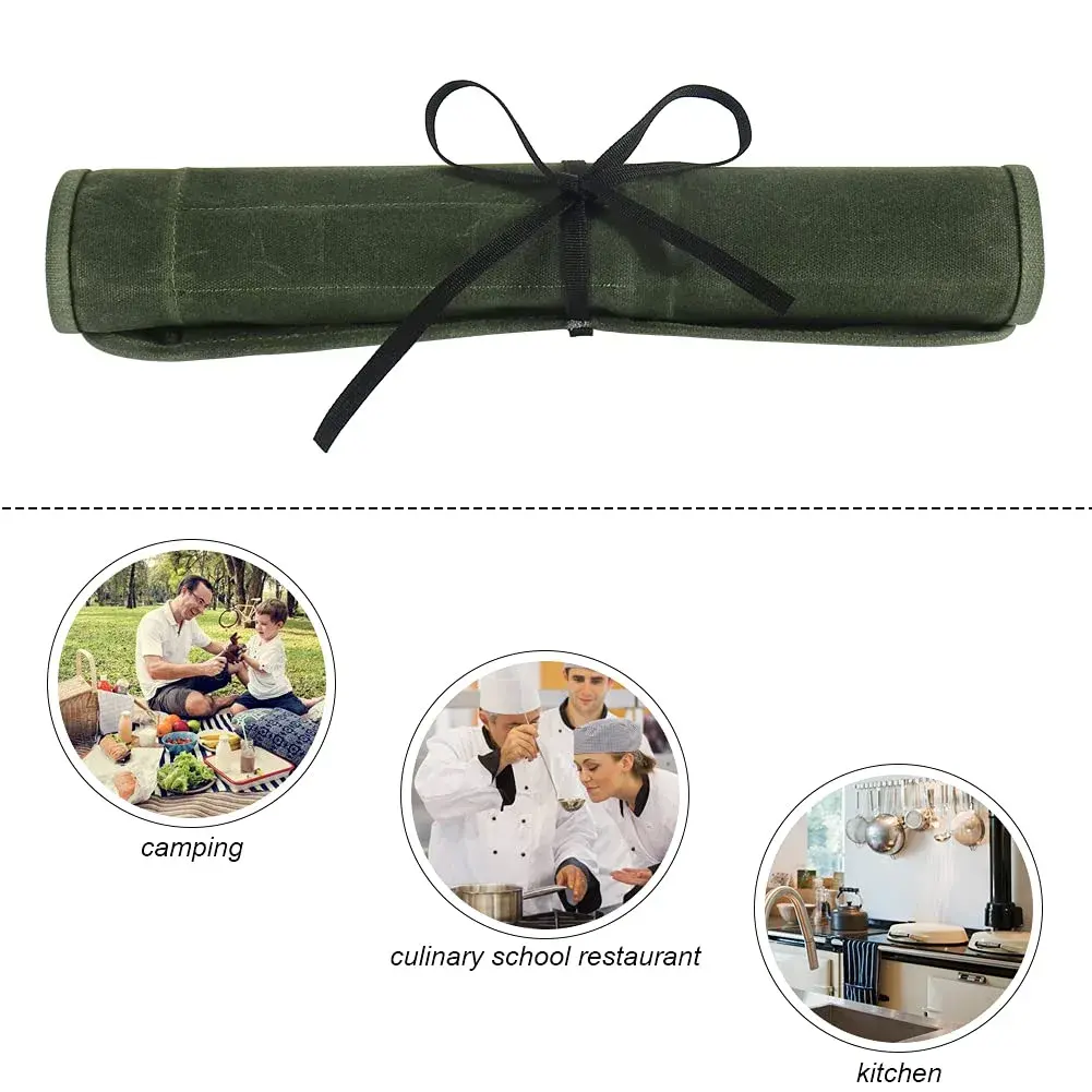 JOINDO Waxed Canvas Chef Knife Roll Bag with 6 Slots (Green) | Heavy Duty Kitchen Knife Pouch Holder - view 5