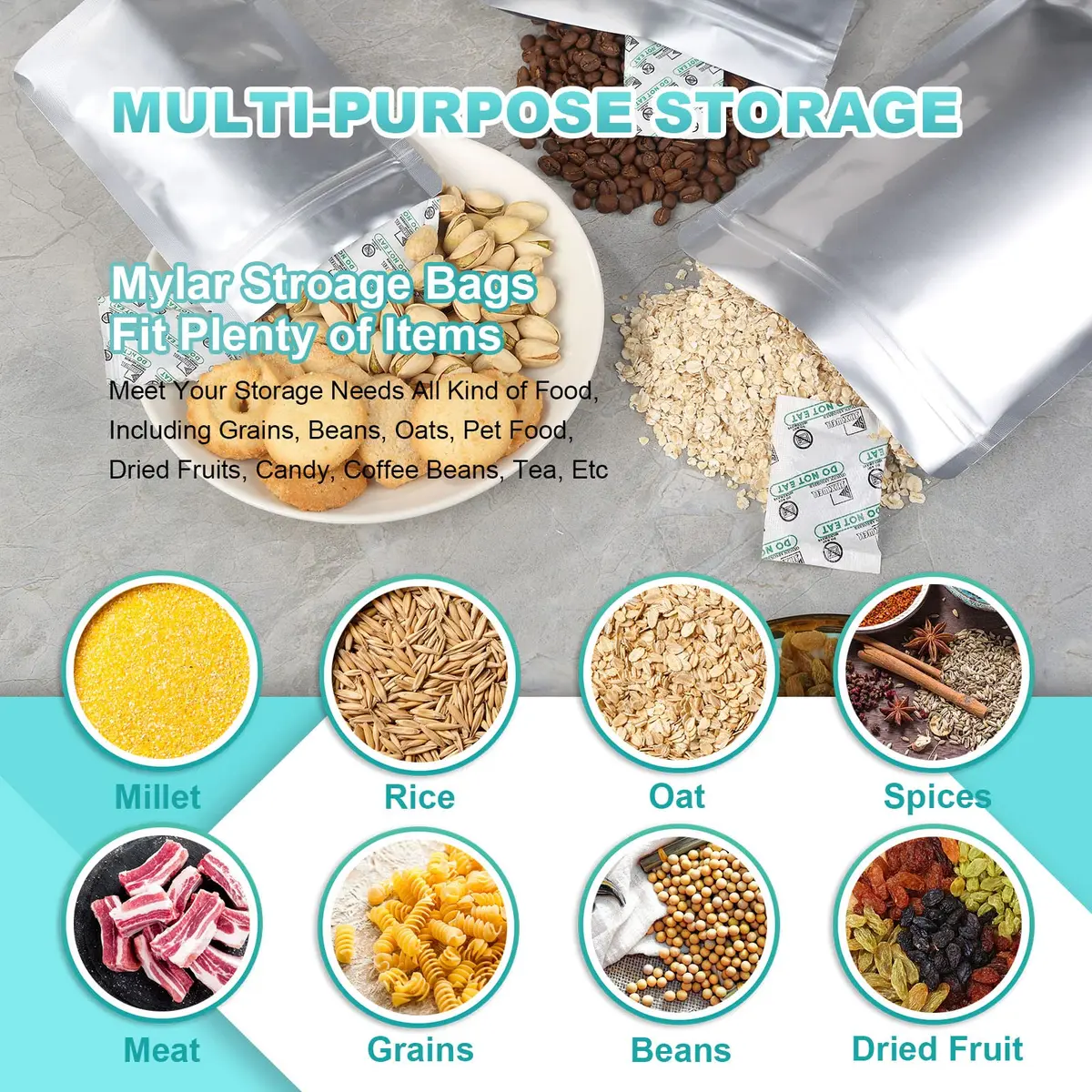 SHXWELL 50pcs 1 Quart Mylar Bags 7"x10" (17.78cm x 25.4cm) | Extra Thick 10 Mil Food Storage Pouches with Zipper - view 4