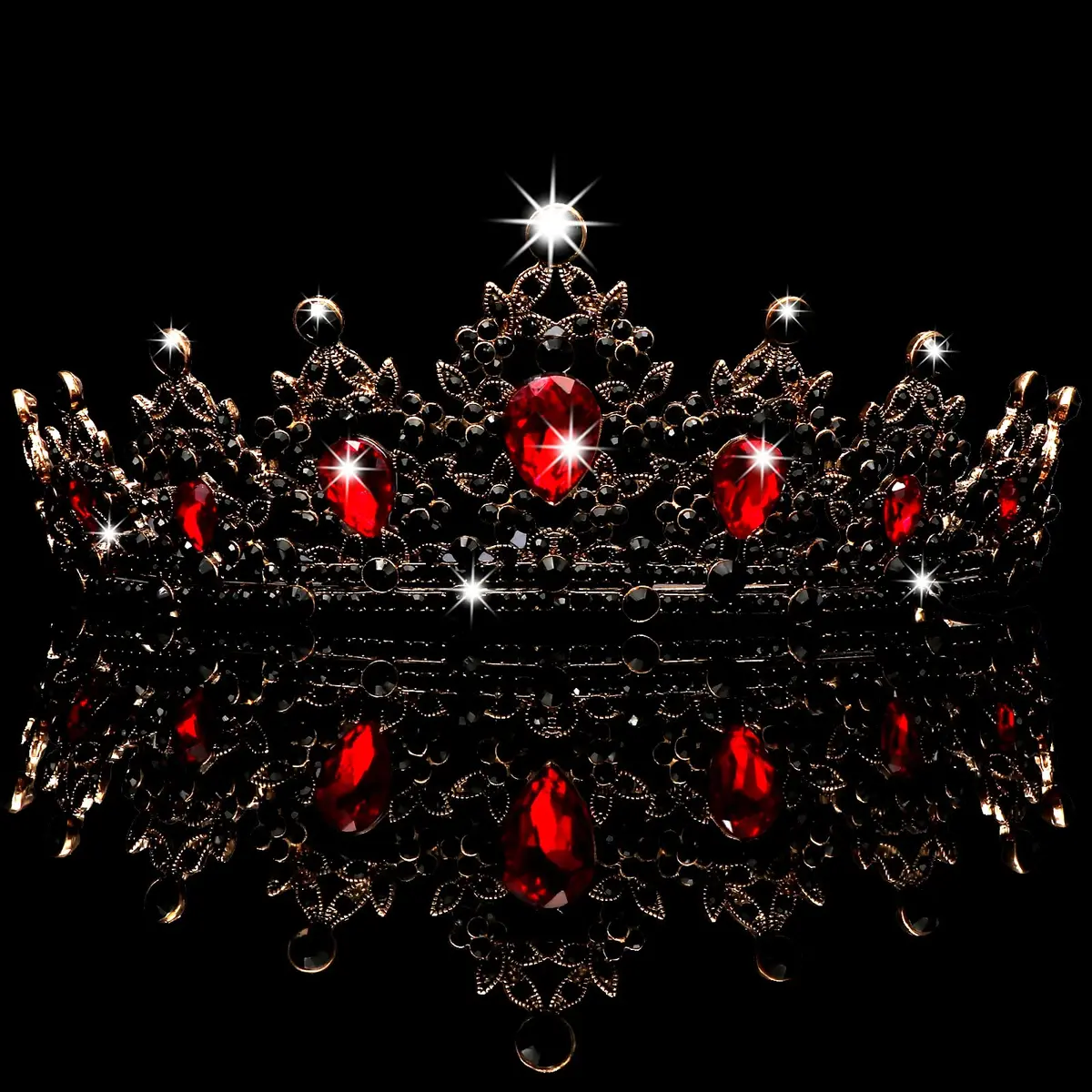 CAVETEE Black Crown for Women Halloween Party Favors 15cm | Luxurious Red Rhinestones Tiara - view 5