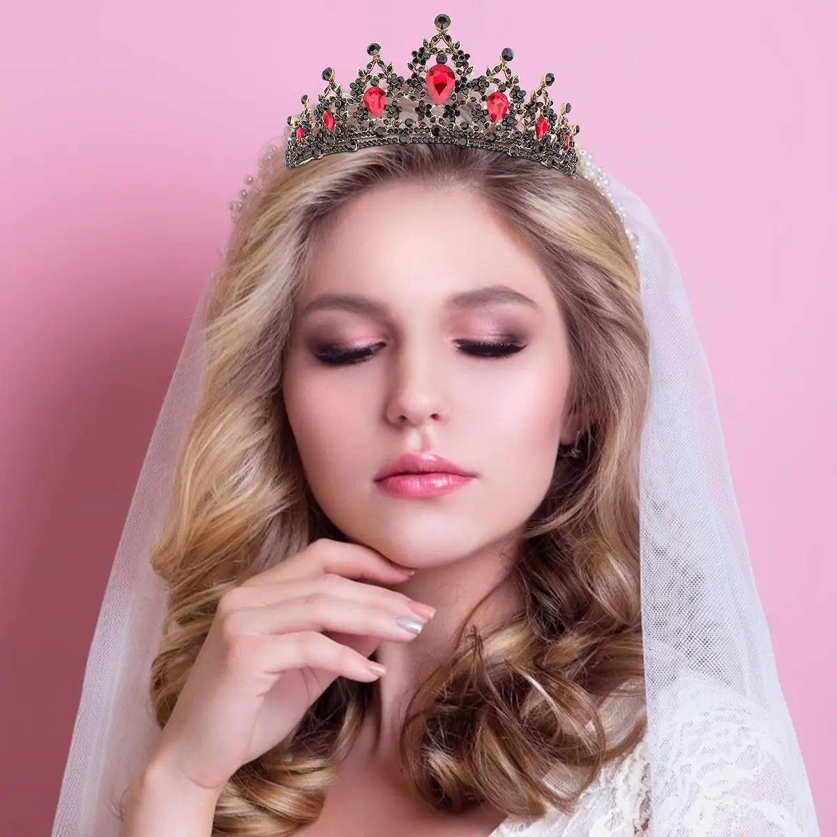 CAVETEE Black Crown for Women Halloween Party Favors 15cm | Luxurious Red Rhinestones Tiara - view 7
