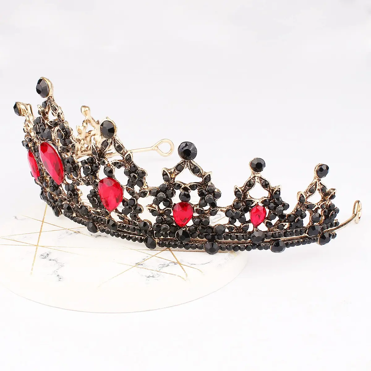 CAVETEE Black Crown for Women Halloween Party Favors 15cm | Luxurious Red Rhinestones Tiara - view 4