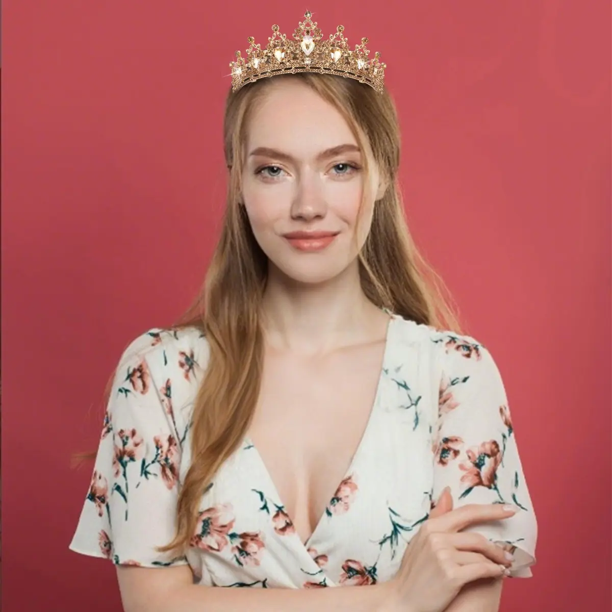 CAVETEE Champagne Gold Crowns for Women 15cm x 5.8cm | Luxurious Baroque Queen Tiara - view 4