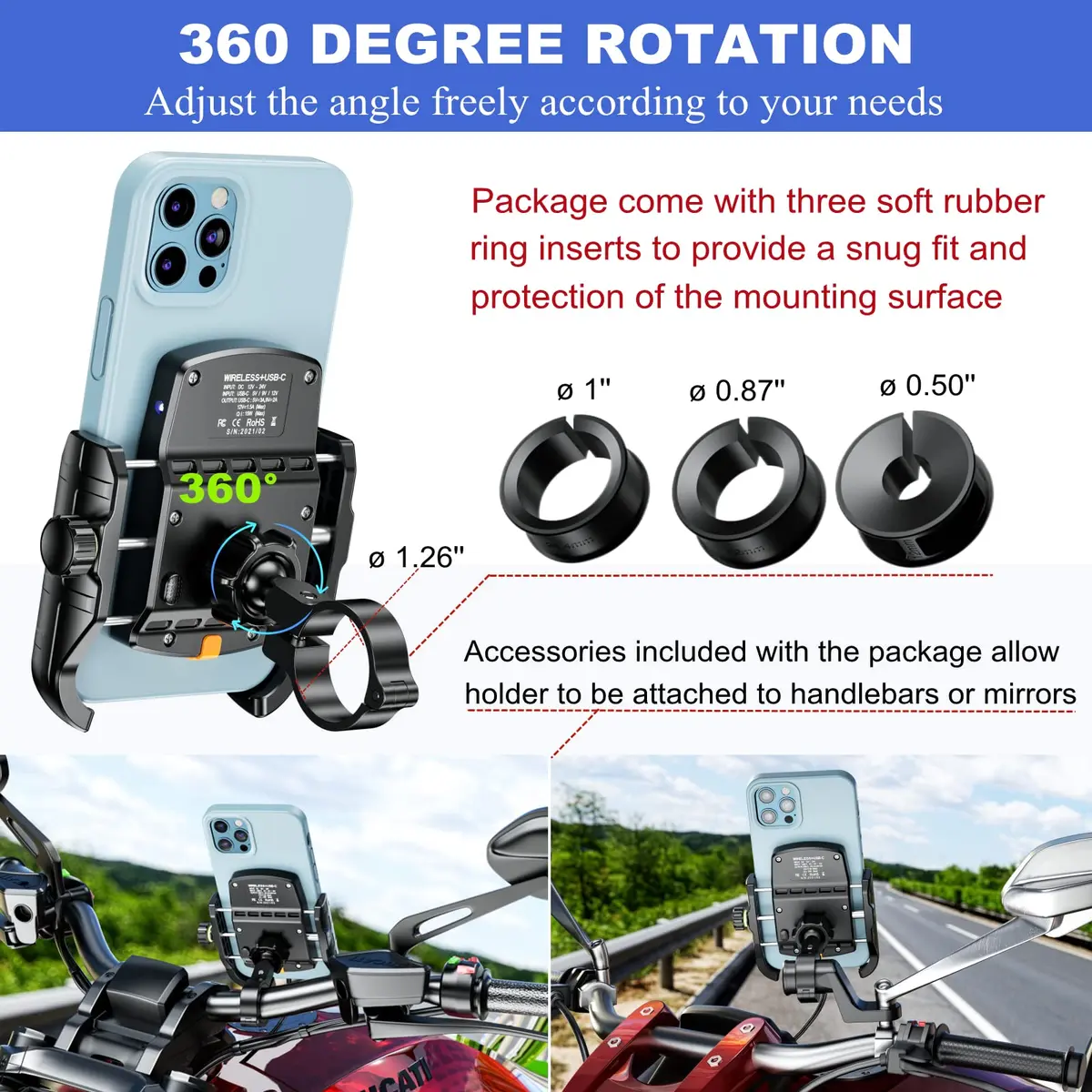 BRCOVAN Motorcycle Phone Mount Holder with Wireless & USB-C Charger 310g (0.68lb) | IP66 Waterproof, 15W Wireless & 20W PD Charging - view 6