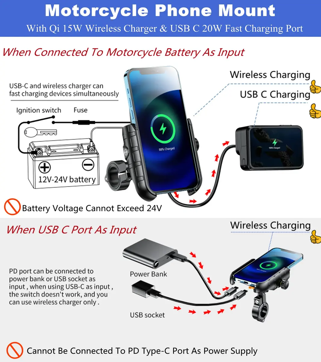 BRCOVAN Motorcycle Phone Mount Holder with Wireless & USB-C Charger 310g (0.68lb) | IP66 Waterproof, 15W Wireless & 20W PD Charging - view 2