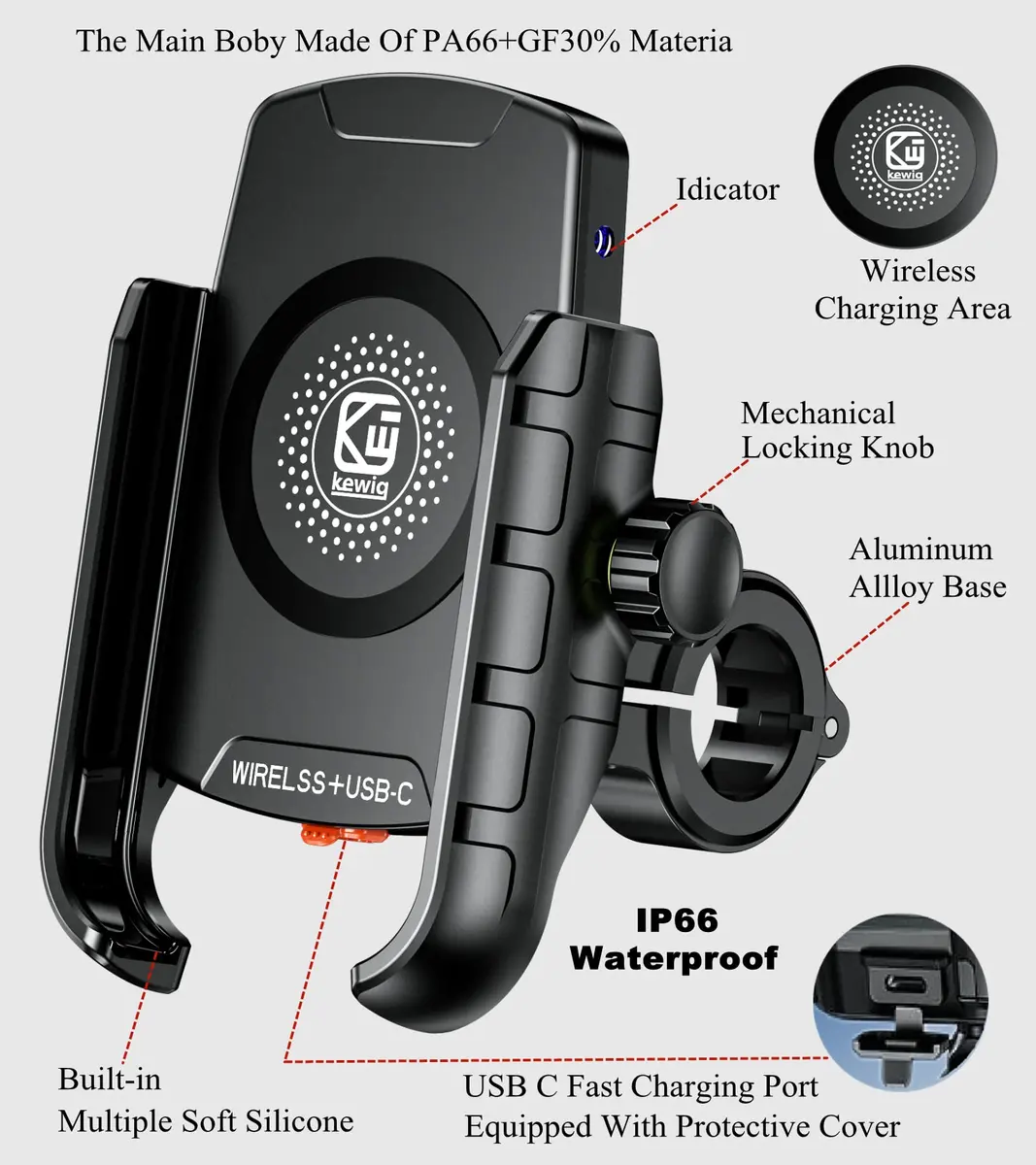 BRCOVAN Motorcycle Phone Mount Holder with Wireless & USB-C Charger 310g (0.68lb) | IP66 Waterproof, 15W Wireless & 20W PD Charging - view 3