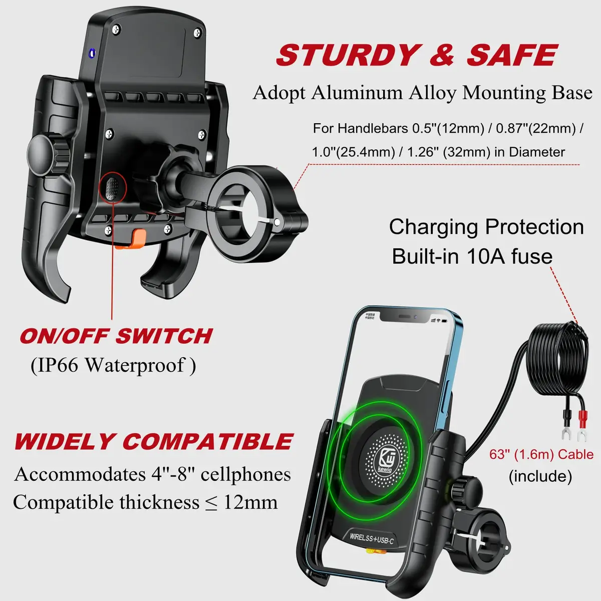 BRCOVAN Motorcycle Phone Mount Holder with Wireless & USB-C Charger 310g (0.68lb) | IP66 Waterproof, 15W Wireless & 20W PD Charging - view 4