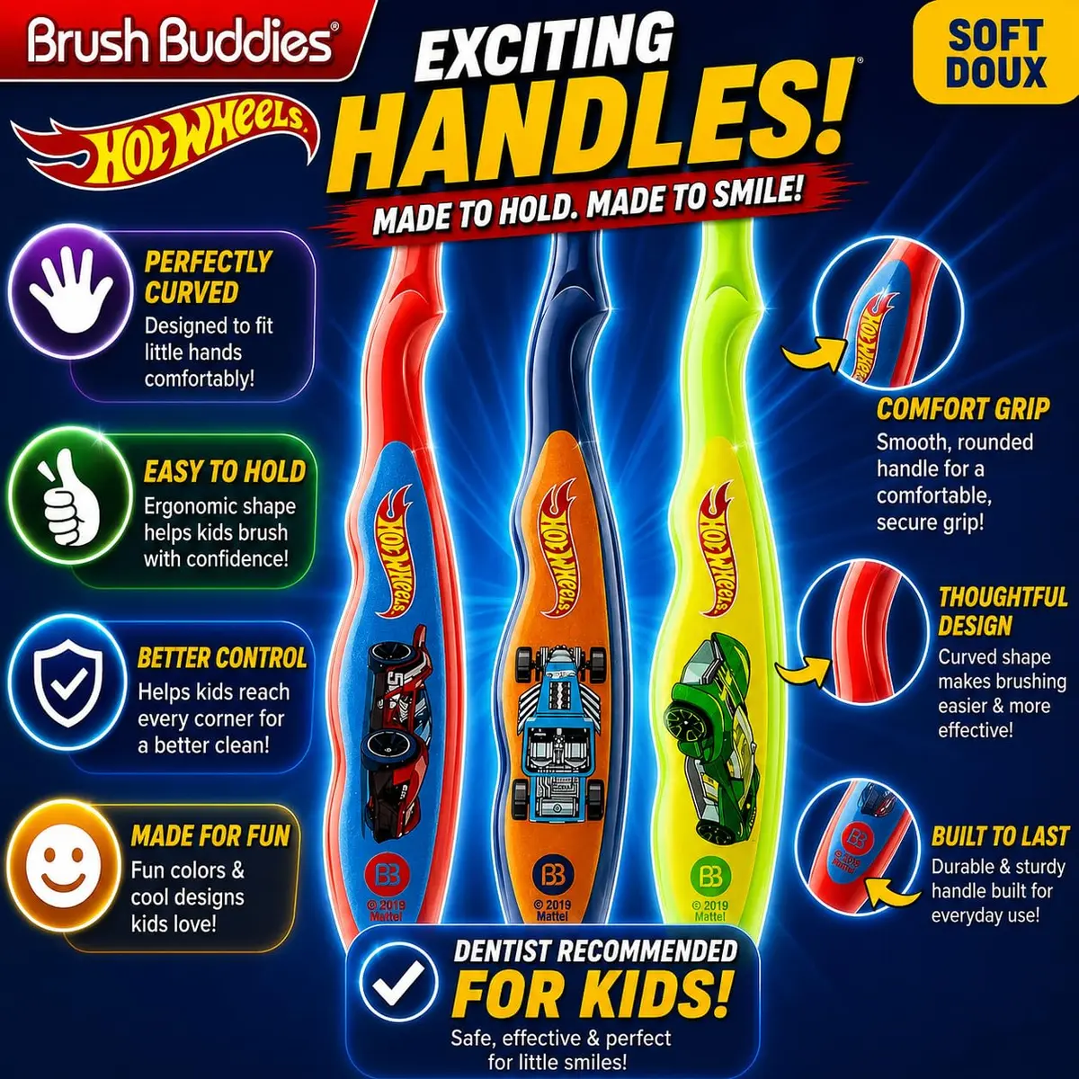Brush Buddies Hot Wheels Manual Toothbrushes for Kids 3 Pack | Soft Bristles, Fun Multi-Colored Designs, Anti-Slip Handles, Perfect for Toddlers & Travel - view 3