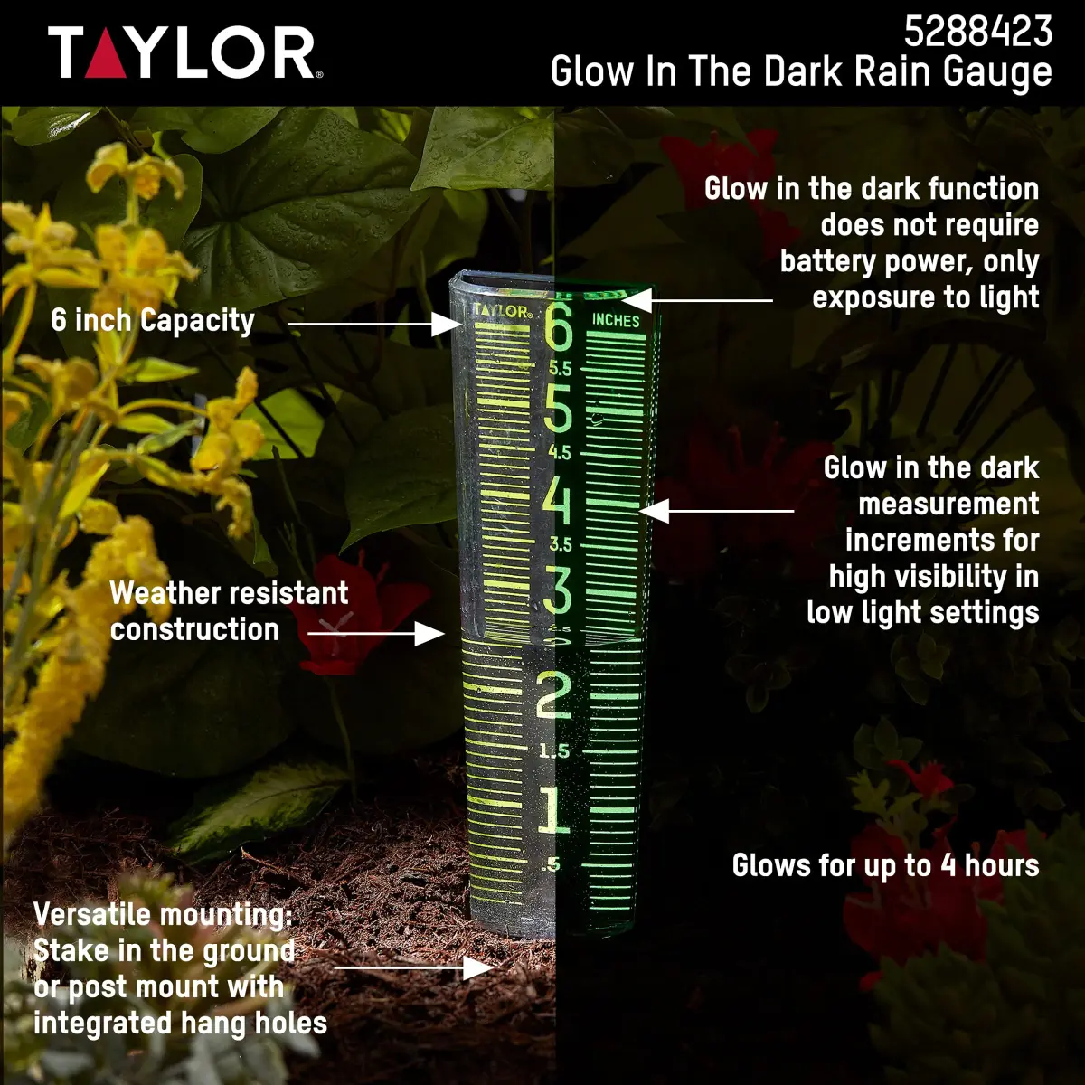 Taylor Glow-In-The-Dark Mountable Rain Gauge, 15.6 cm (6 inch) Capacity | Measure Precipitation Accurately - view 4