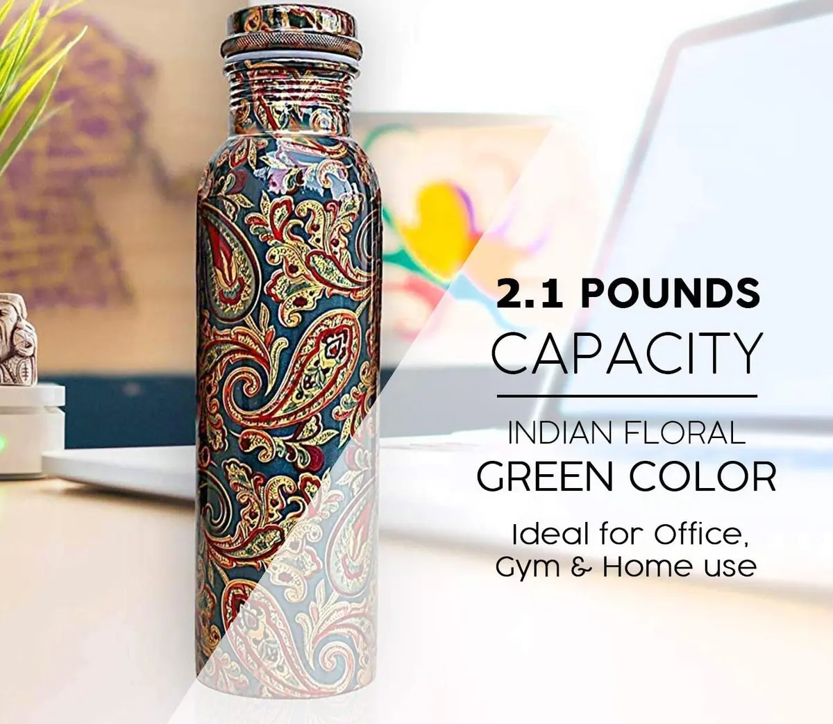 KC Pure Copper Water Bottle 1000ml (33.8 oz) | Ayurveda & Yoga Health Benefits - view 5