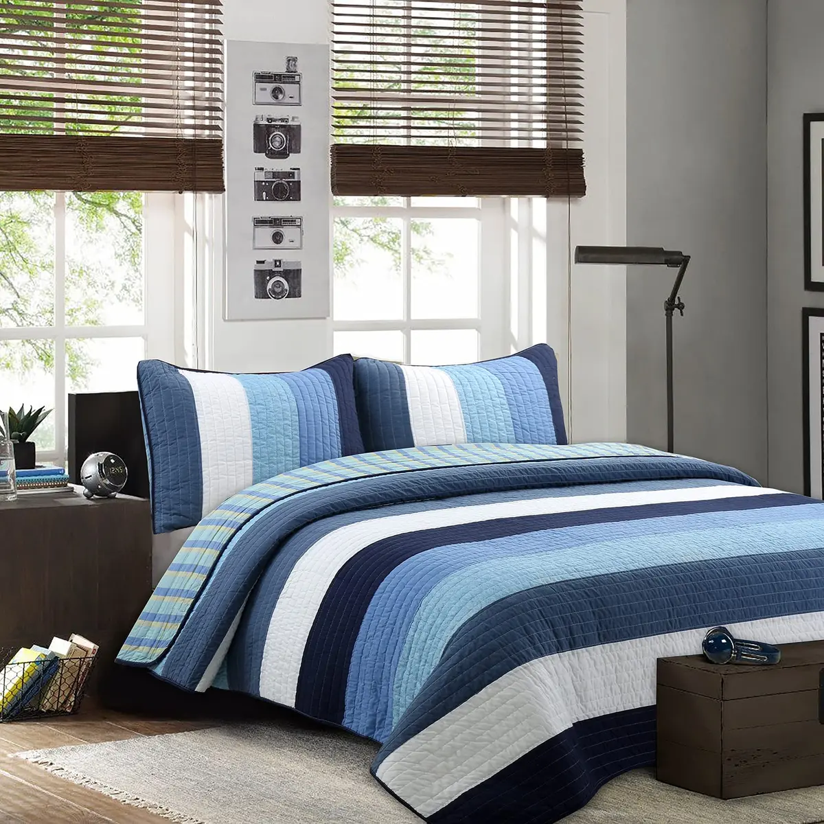 Cozy Line Home Fashions Navy Blue Striped Boy 100% Cotton Reversible Quilt Bedding Set, Preston, Queen - main product image