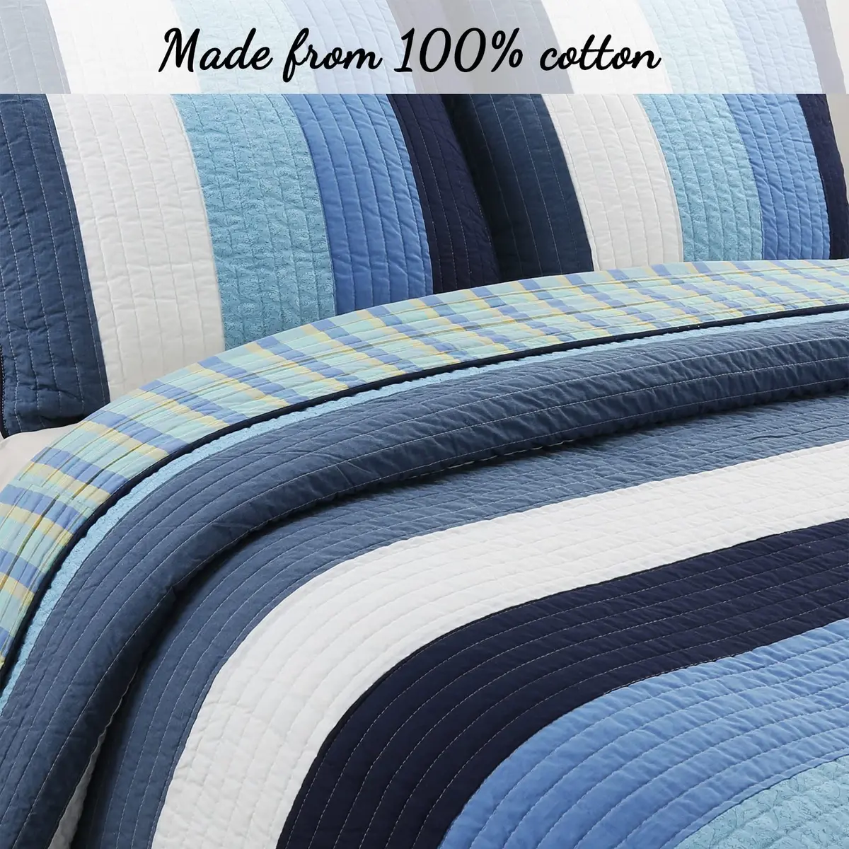 Cozy Line Home Fashions Navy Blue Striped Boy 100% Cotton Reversible Quilt Bedding Set, Preston, Queen - view 5