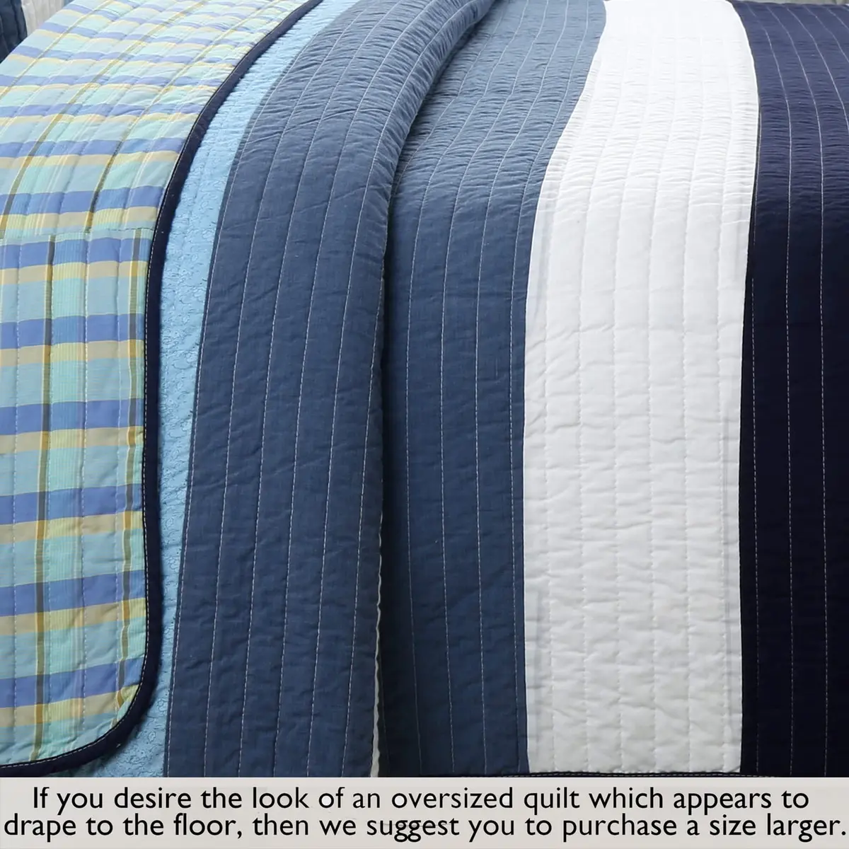 Cozy Line Home Fashions Navy Blue Striped Boy 100% Cotton Reversible Quilt Bedding Set, Preston, Queen - view 6