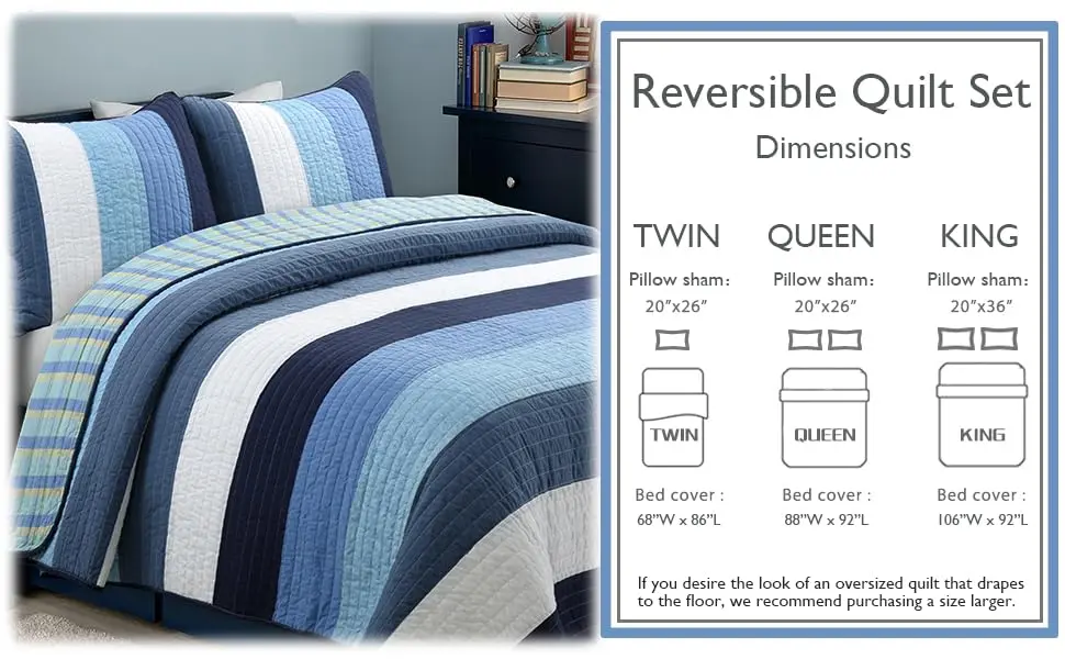 Cozy Line Home Fashions Navy Blue Striped Boy 100% Cotton Reversible Quilt Bedding Set, Preston, Queen - view 8