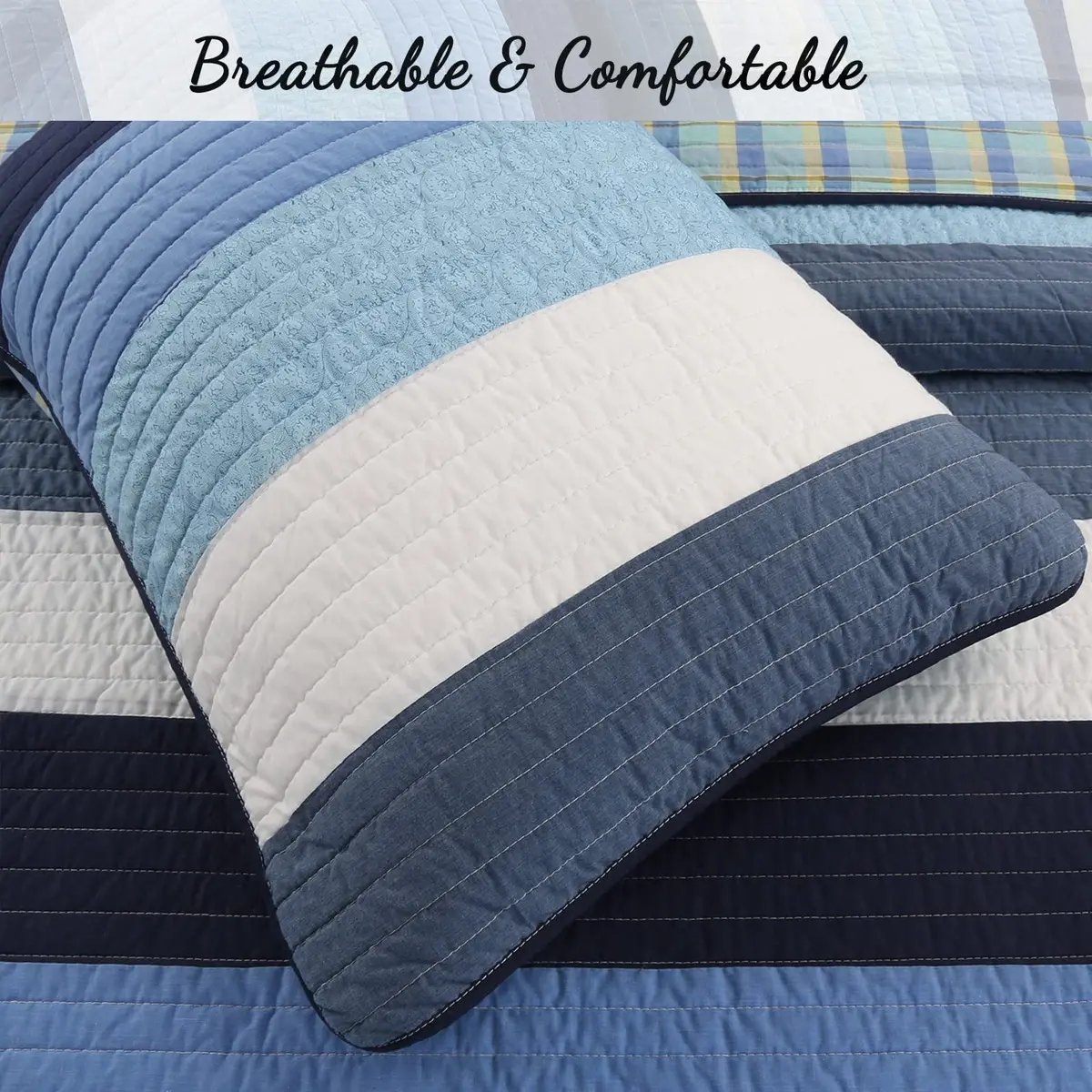 Cozy Line Home Fashions Navy Blue Striped Boy 100% Cotton Reversible Quilt Bedding Set, Preston, Queen - view 2