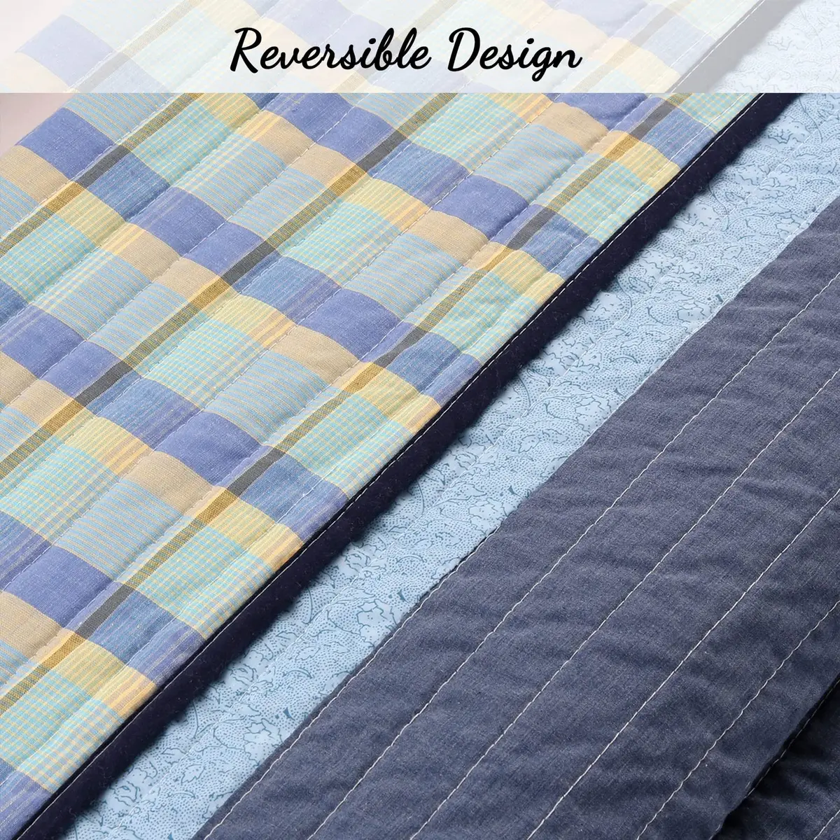 Cozy Line Home Fashions Navy Blue Striped Boy 100% Cotton Reversible Quilt Bedding Set, Preston, Queen - view 3