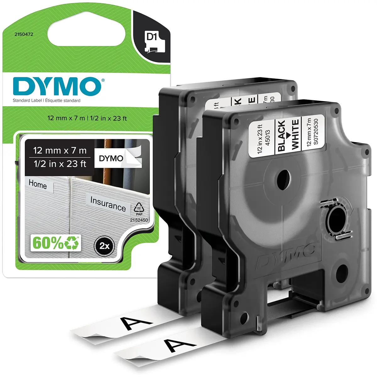 DYMO D1 Label Tape 12mm (1/2 Inch) x 7m (23 Feet) Black on White | 2-Pack for LabelManager & LabelWriter Duo - main product image
