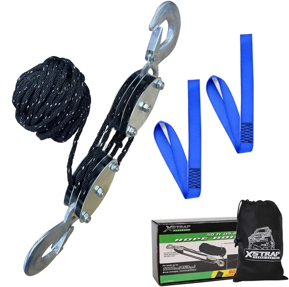 XSTRAP STANDARD Heavy-Duty 50 FT Reflective Rope Hoist Pulley System with 1000lb Capacity | 15.2m (50 ft) Black - main product image