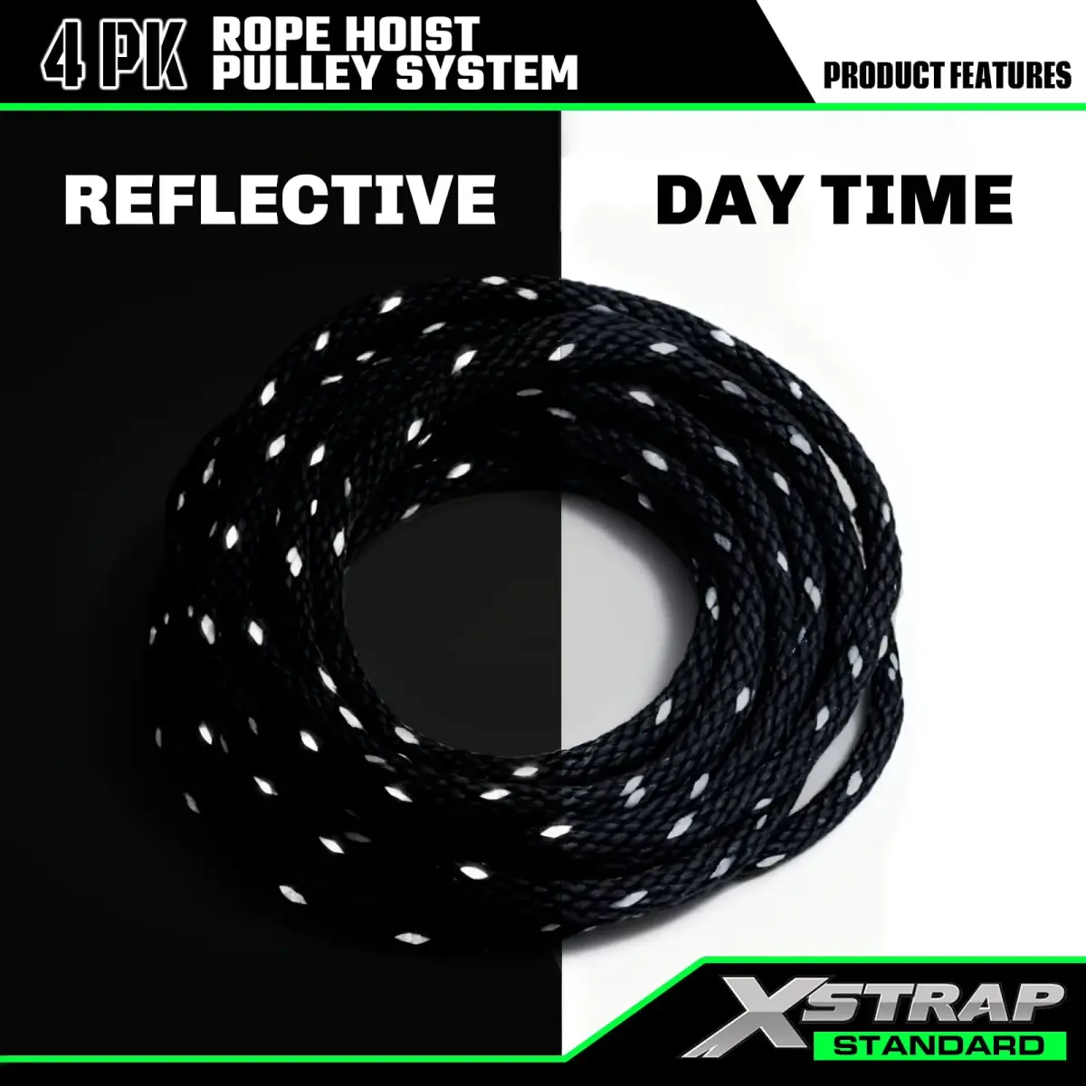 XSTRAP STANDARD Heavy-Duty 50 FT Reflective Rope Hoist Pulley System with 1000lb Capacity | 15.2m (50 ft) Black - view 7