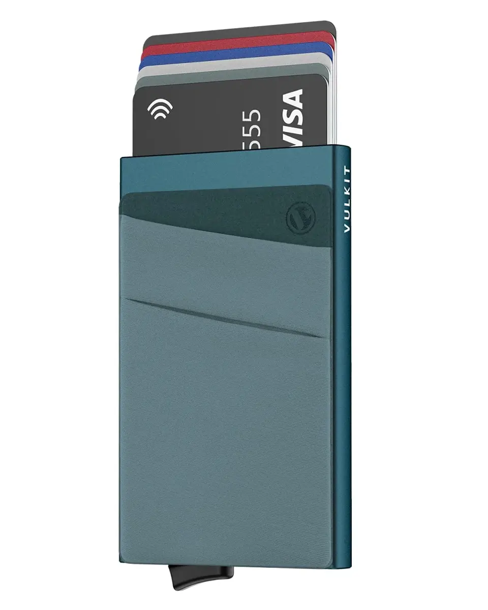 VULKIT Emerald Green Pop Up Card Holder Wallet with Money Pocket - RFID Blocking Slim Metal Bank Card Case - main product image