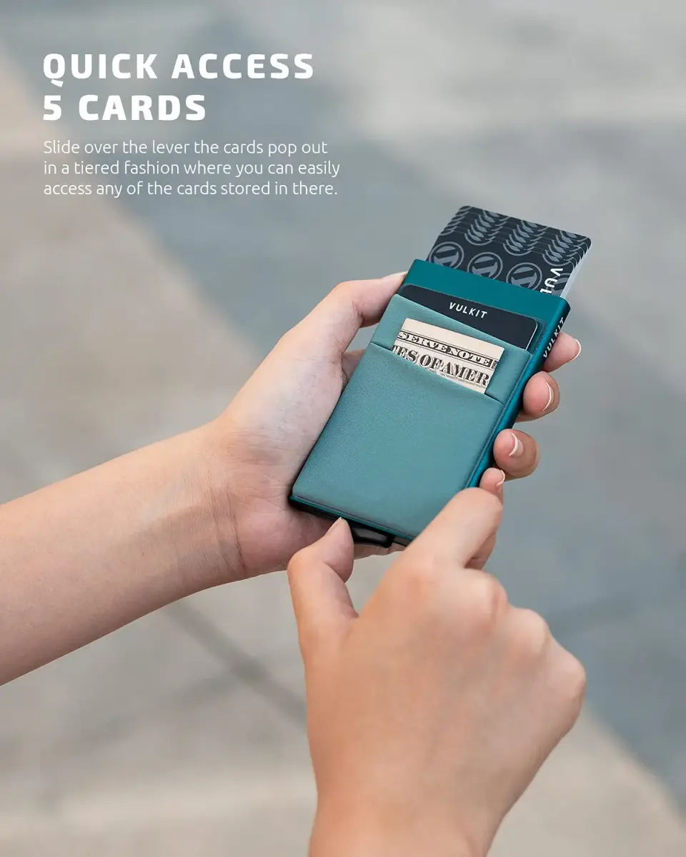 VULKIT Emerald Green Pop Up Card Holder Wallet with Money Pocket - RFID Blocking Slim Metal Bank Card Case - view 2