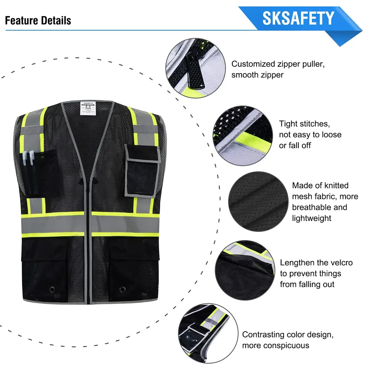 SKSAFETY Black Safety Vest with Zipper and Reflective Strips, Class 2 ANSI/ISEA Standard, 3XL - view 5