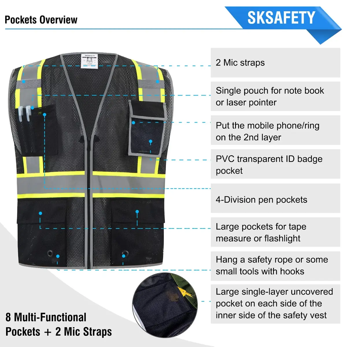 SKSAFETY Black Safety Vest with Zipper and Reflective Strips, Class 2 ANSI/ISEA Standard, 3XL - view 6