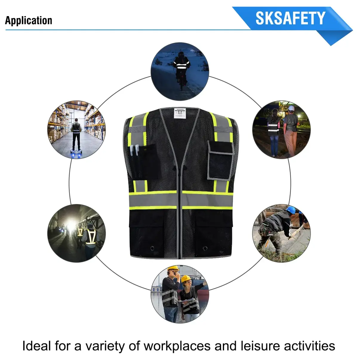 SKSAFETY Black Safety Vest with Zipper and Reflective Strips, Class 2 ANSI/ISEA Standard, 3XL - view 8