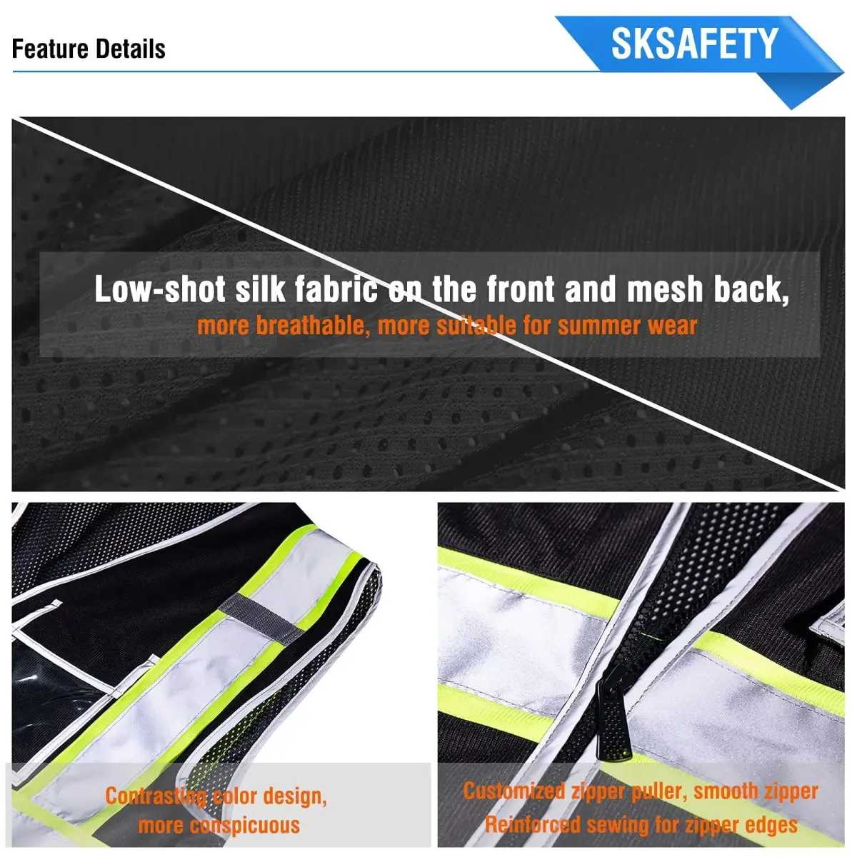 SKSAFETY Class 2 High Visibility Safety Vest with Zipper Back Mesh, 10 Pockets, Reflective Strips, ANSI/ISEA Standard, Construction Work Vest for Men & Women (Black, Medium) - view 6