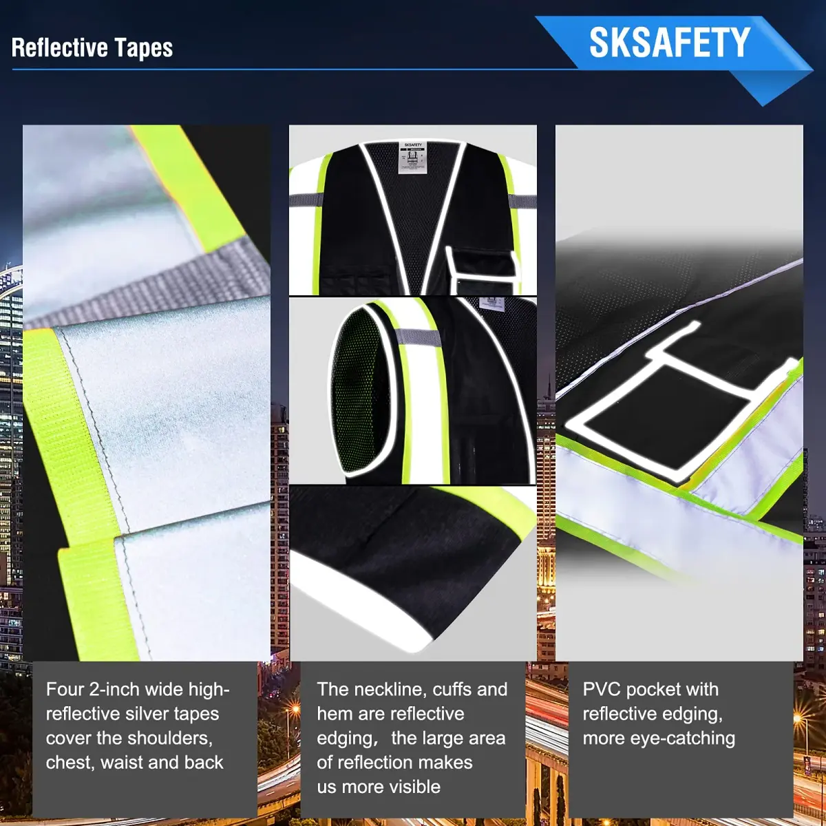 SKSAFETY Class 2 High Visibility Safety Vest with Zipper Back Mesh, 10 Pockets, Reflective Strips, ANSI/ISEA Standard, Construction Work Vest for Men & Women (Black, Medium) - view 4