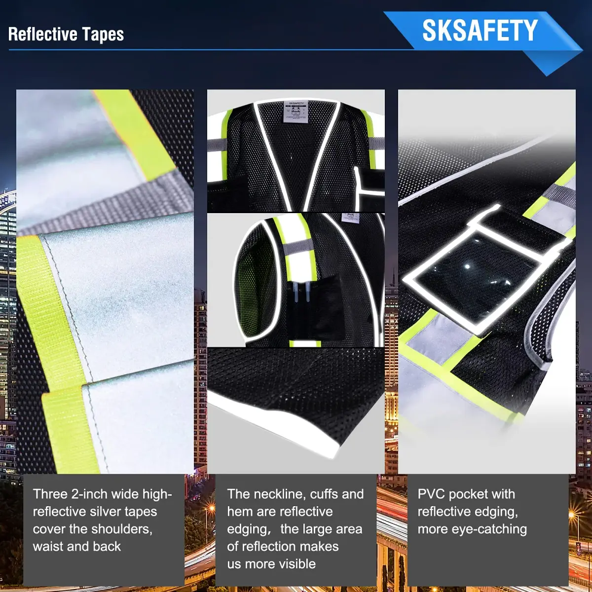 SKSAFETY Class 2 High Visibility Safety Vest with Zipper and Reflective Strips, ANSI/ISEA Standard, Black, Medium - view 4