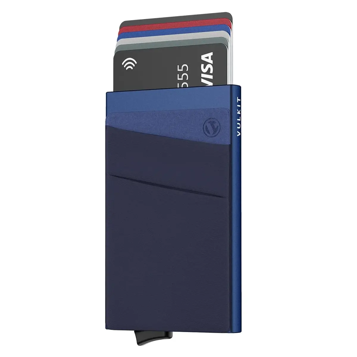 VULKIT Navy Pop Up Card Holder Wallet with Money Pocket & RFID Blocking Slim Metal Card Case - main product image