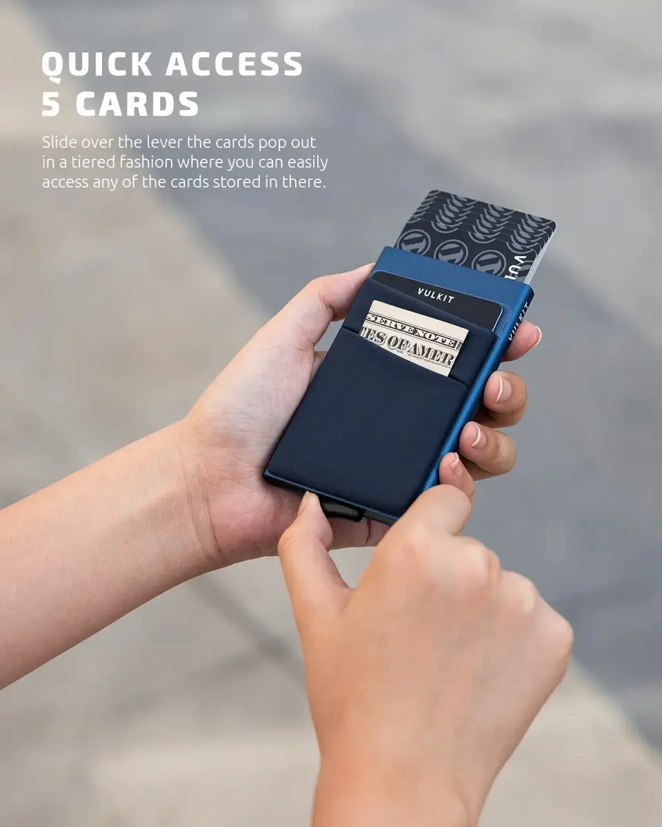 VULKIT Navy Pop Up Card Holder Wallet with Money Pocket & RFID Blocking Slim Metal Card Case - view 2