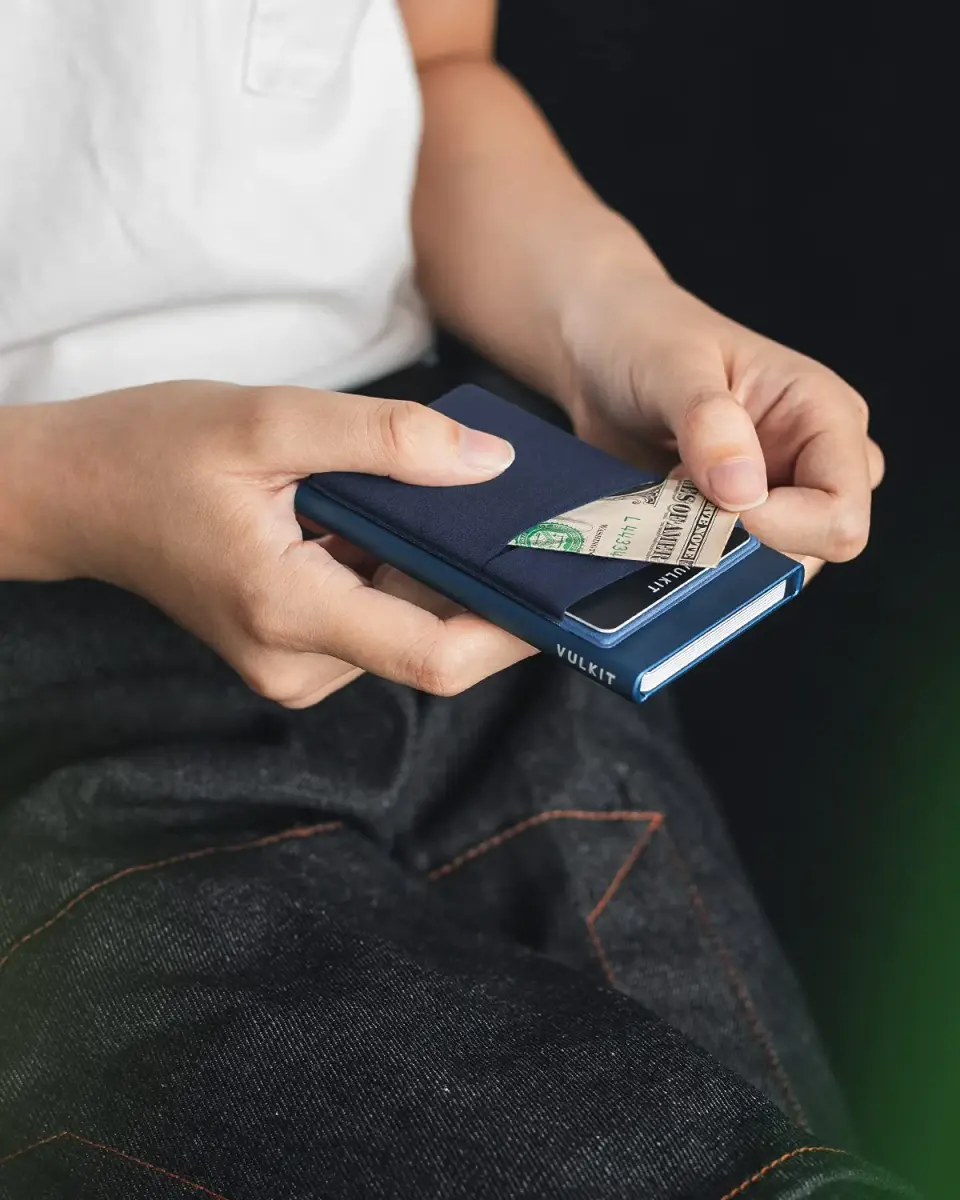 VULKIT Navy Pop Up Card Holder Wallet with Money Pocket & RFID Blocking Slim Metal Card Case - view 4