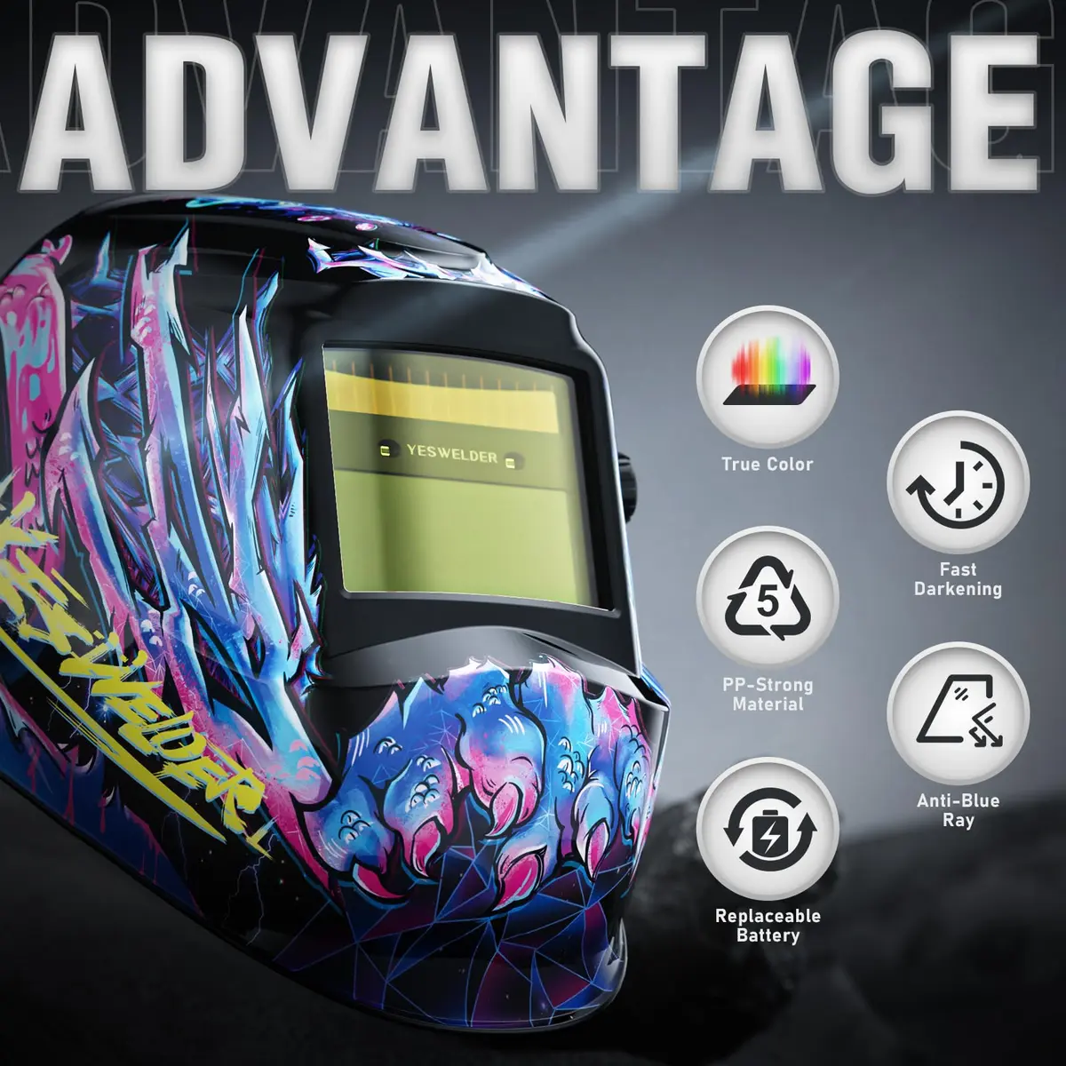 YESWELDER Auto Darkening Welding Helmet LYG-L600A True Color 1/1/1/1 Optical Clarity | ANSI Z87.1 Certified - view 2