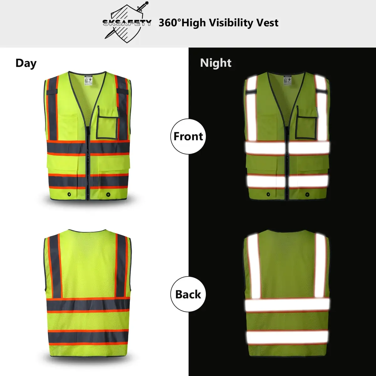 SKSAFETY High Visibility Safety Vest with Zipper, Class 2 ANSI/ISEA Standard, 5XL Lime - view 2