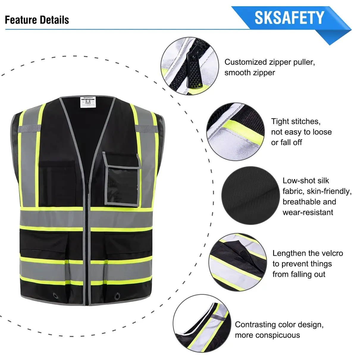 SKSAFETY Class 2 High Visibility Safety Vest with Zipper, Reflective Strips, ANSI/ISEA Standard, 10 Pockets, Black, Large (0.23 kg / 0.5 lb) - view 5