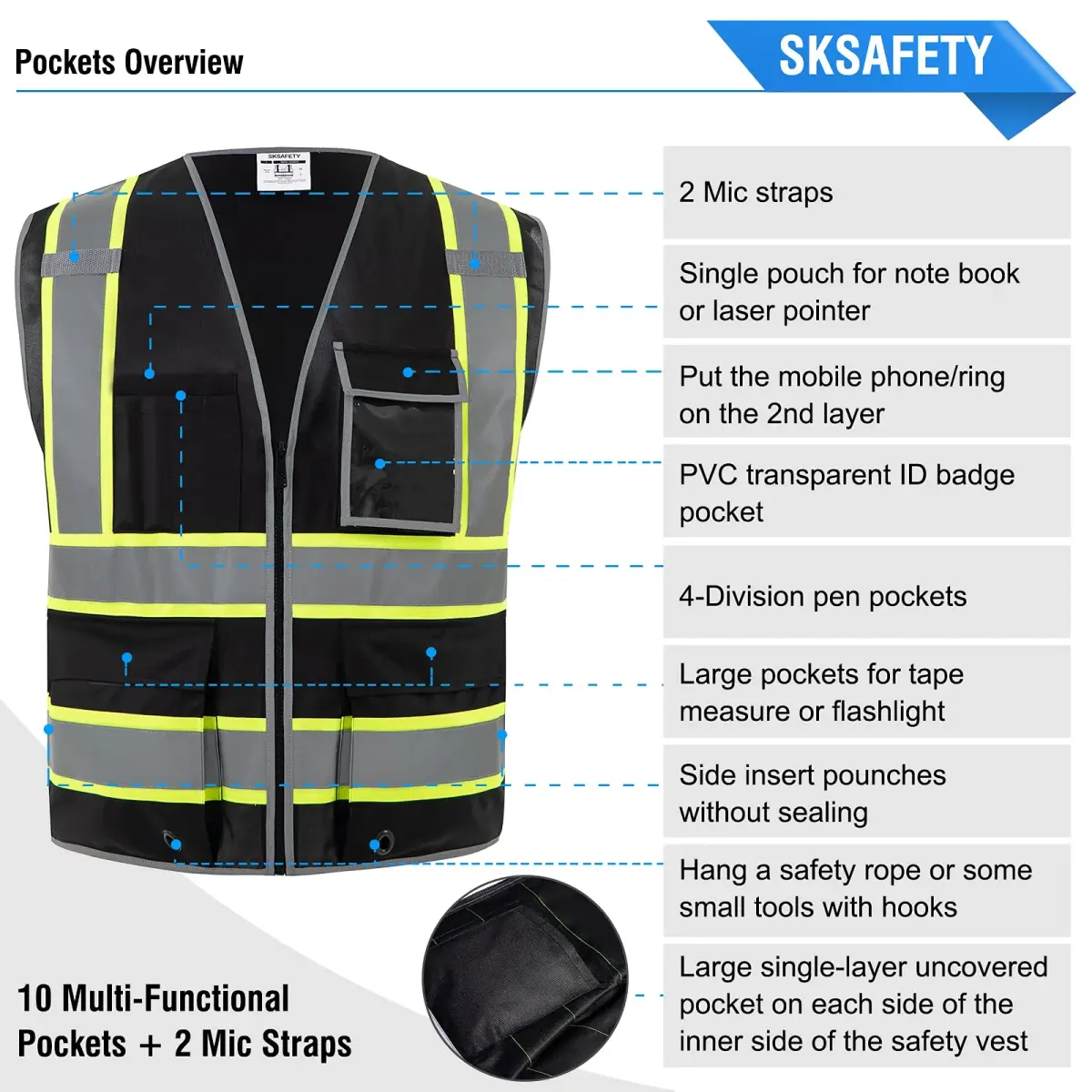 SKSAFETY Class 2 High Visibility Safety Vest with Zipper, Reflective Strips, ANSI/ISEA Standard, 10 Pockets, Black, Large (0.23 kg / 0.5 lb) - view 6